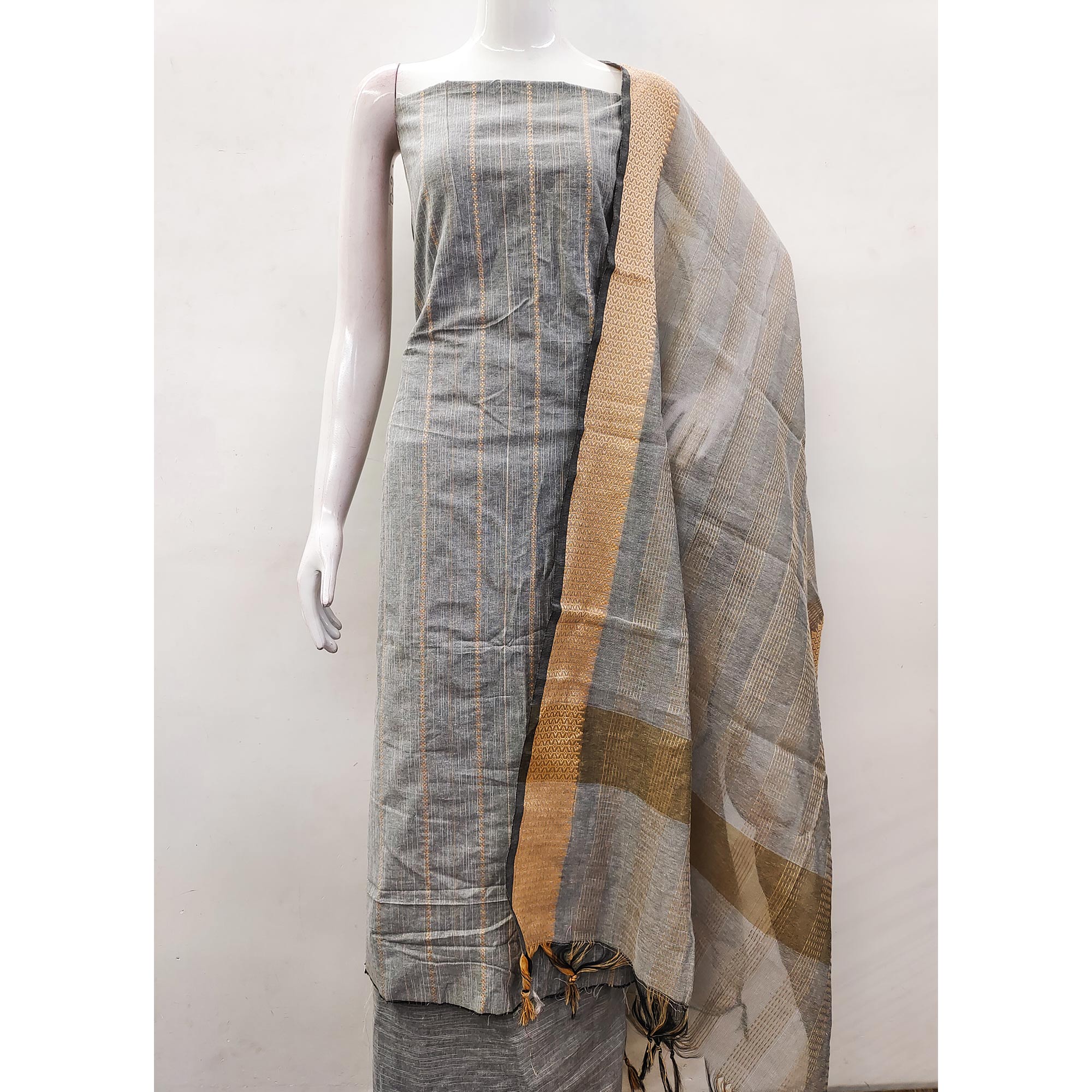 Grey Woven Cotton Blend Dress Material