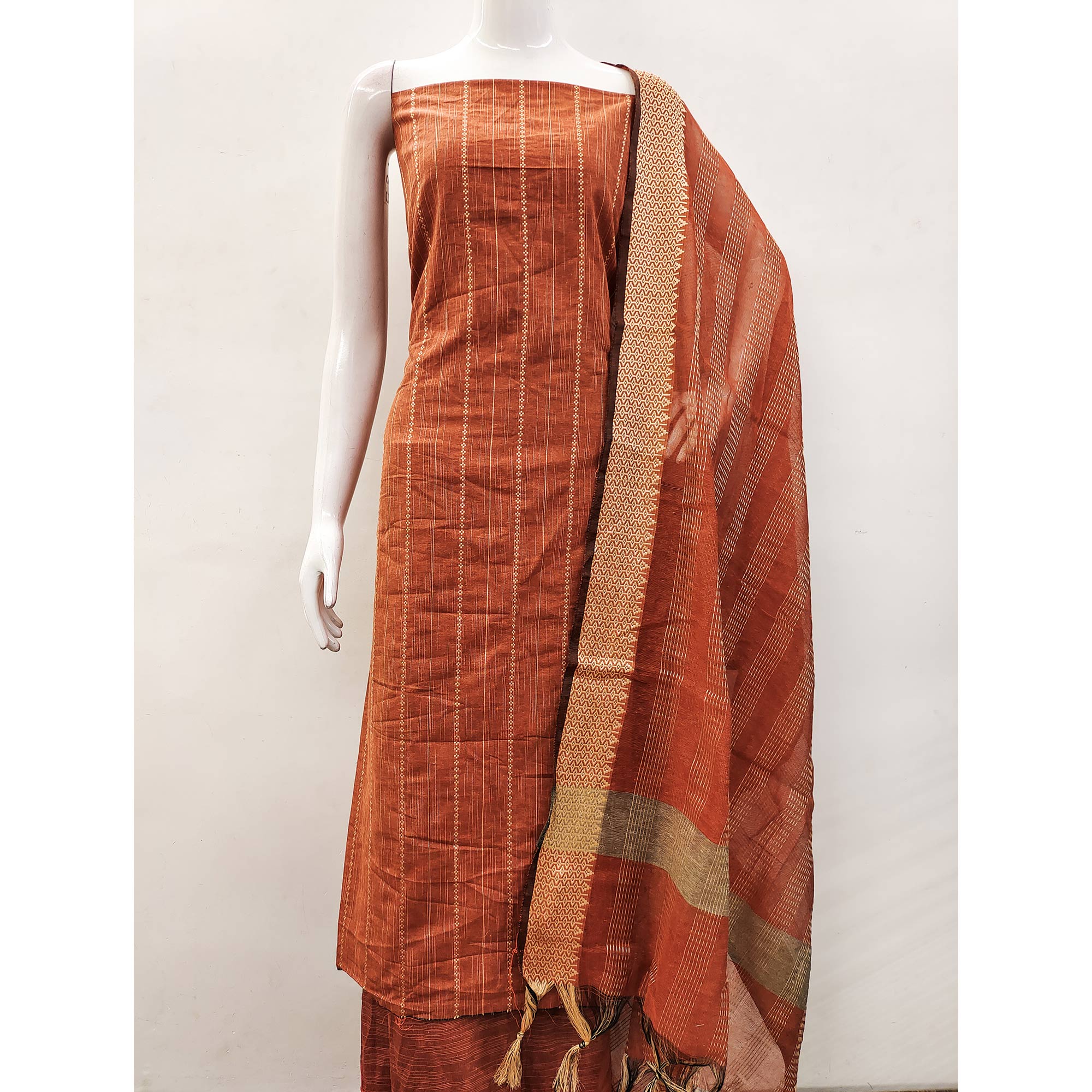 Rust Woven Cotton Blend Dress Material