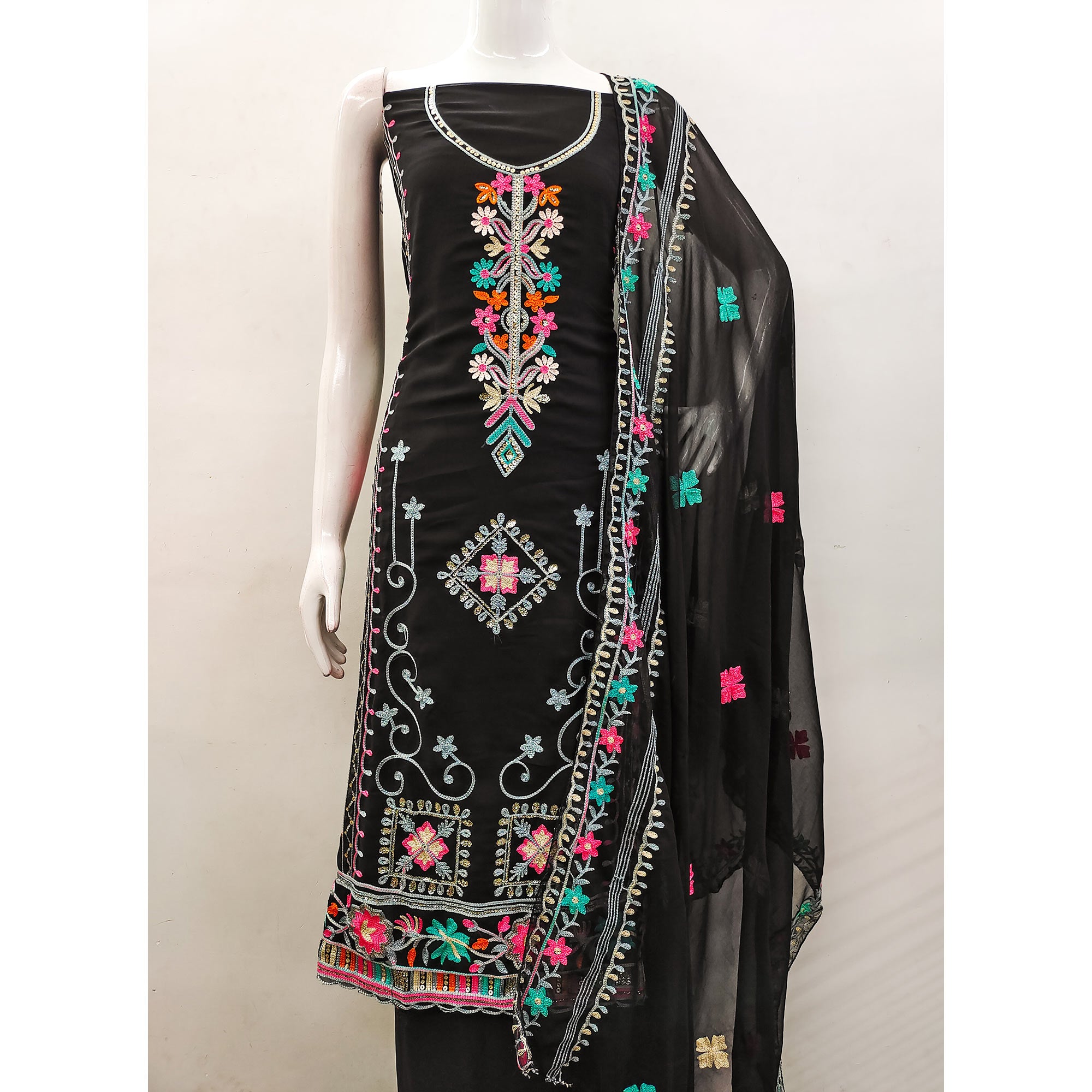 Black Floral Sequins Embroidered Georgette Dress Material