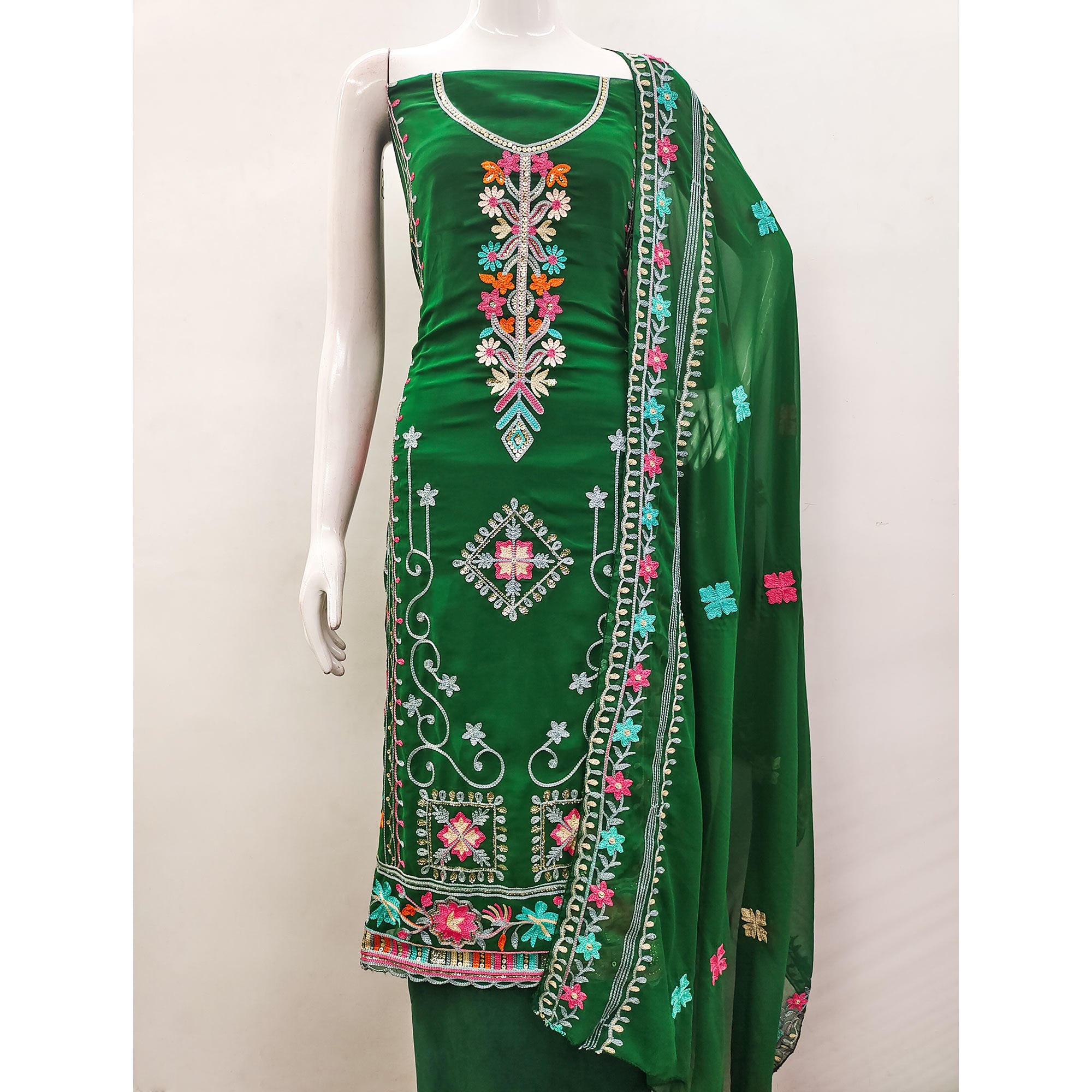 Dark Green Floral Sequins Embroidered Georgette Dress Material