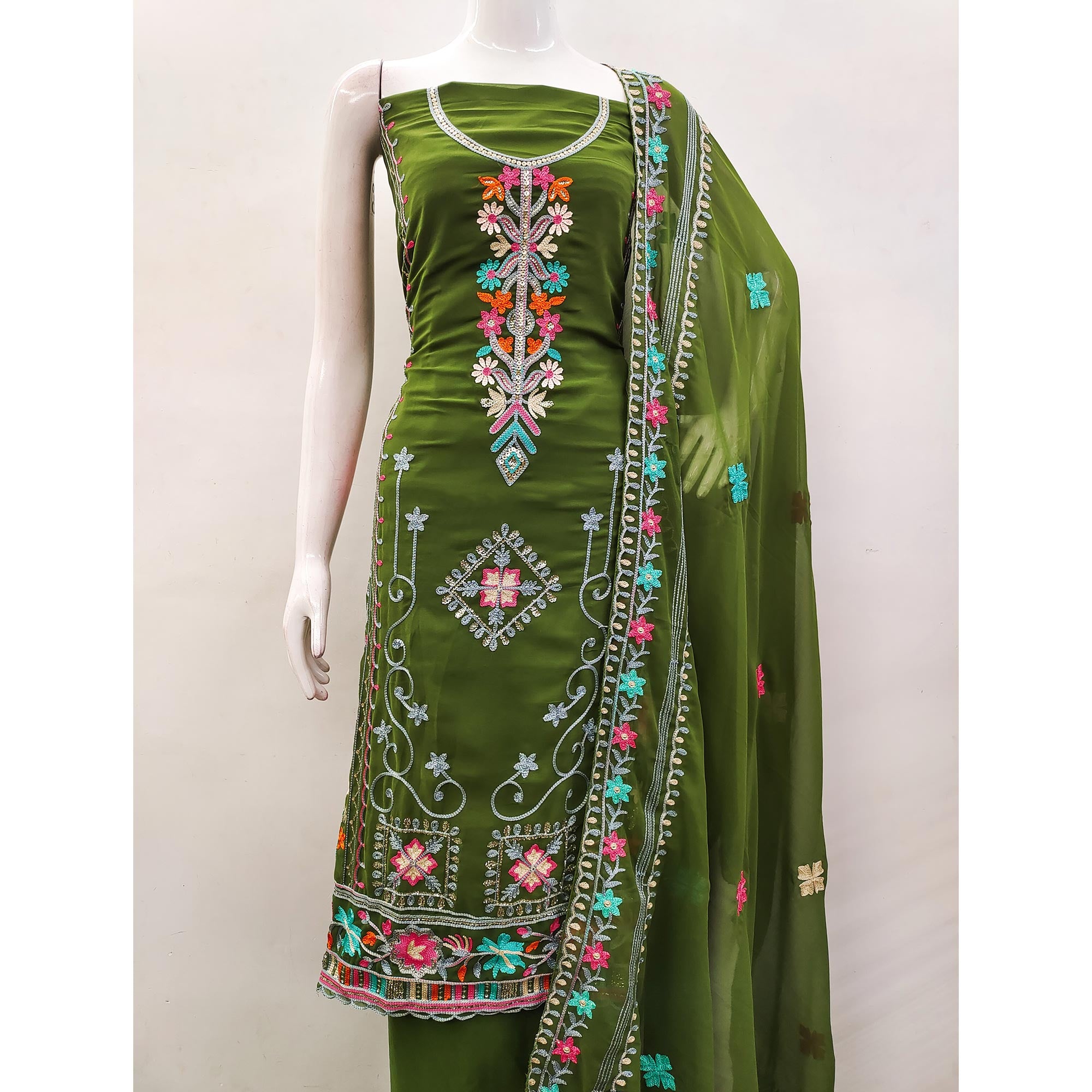 Green Floral Sequins Embroidered Georgette Dress Material