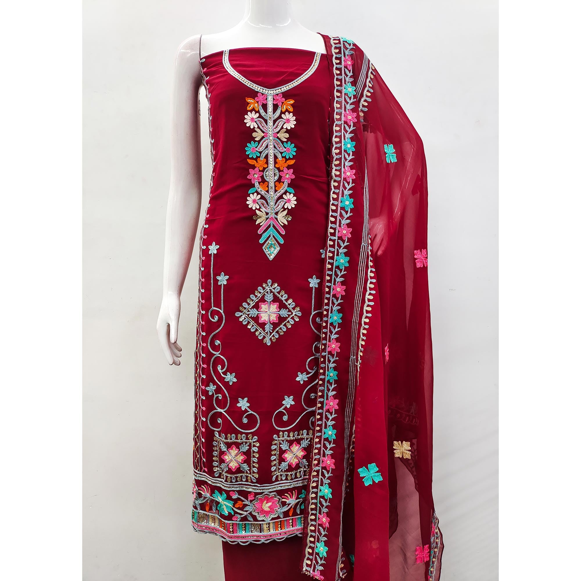 Maroon Floral Sequins Embroidered Georgette Dress Material