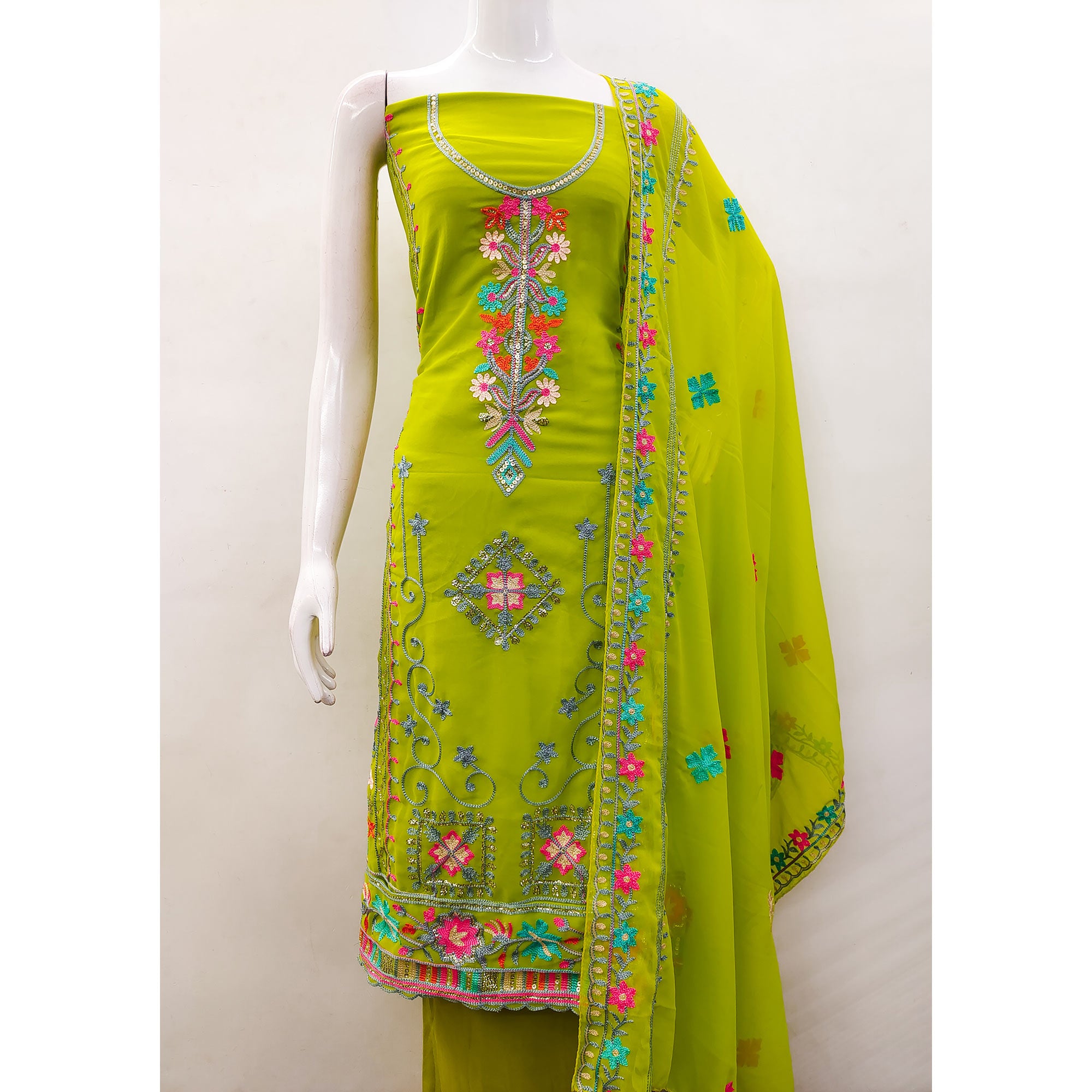 Parrot Green Floral Sequins Embroidered Georgette Dress Material
