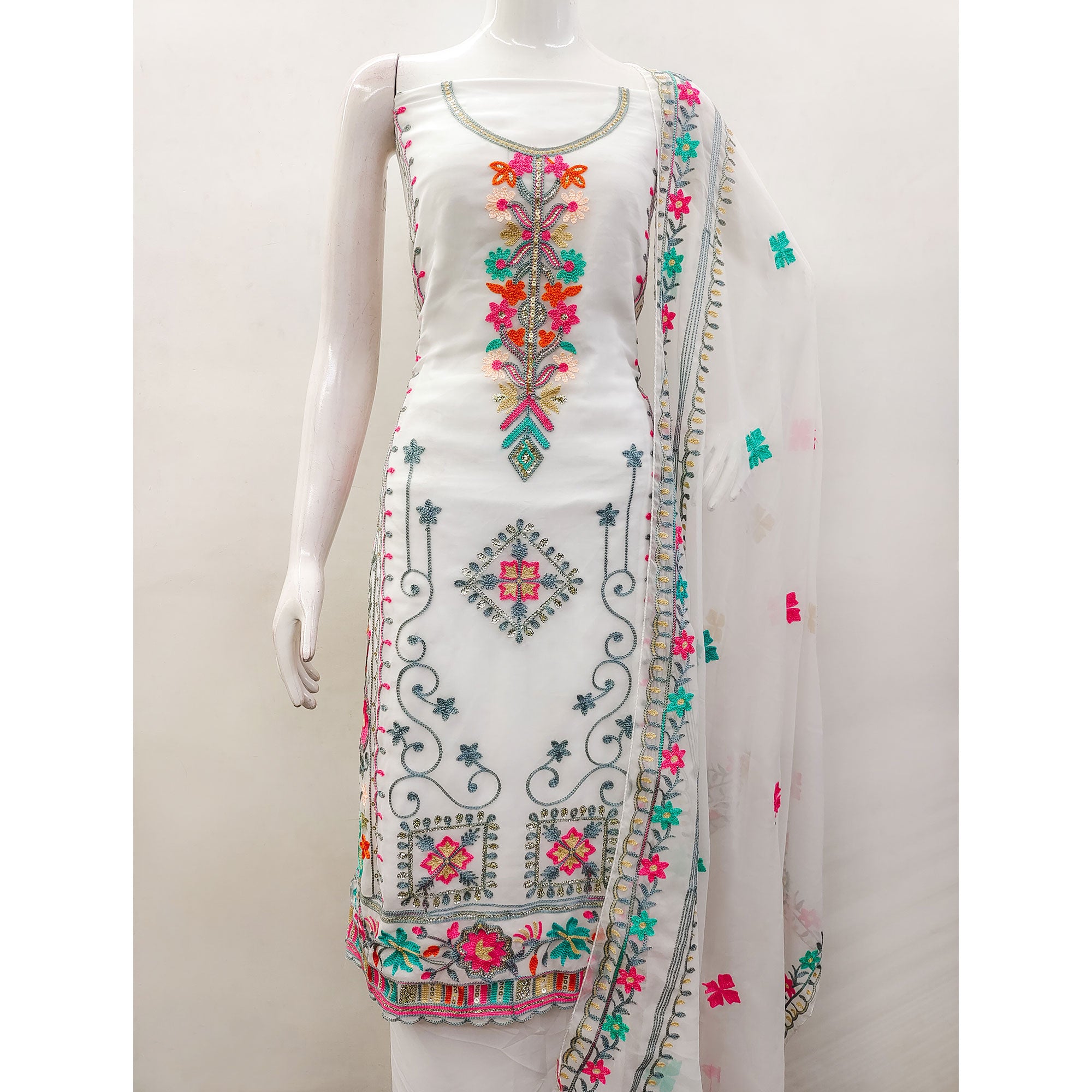 White Floral Sequins Embroidered Georgette Dress Material