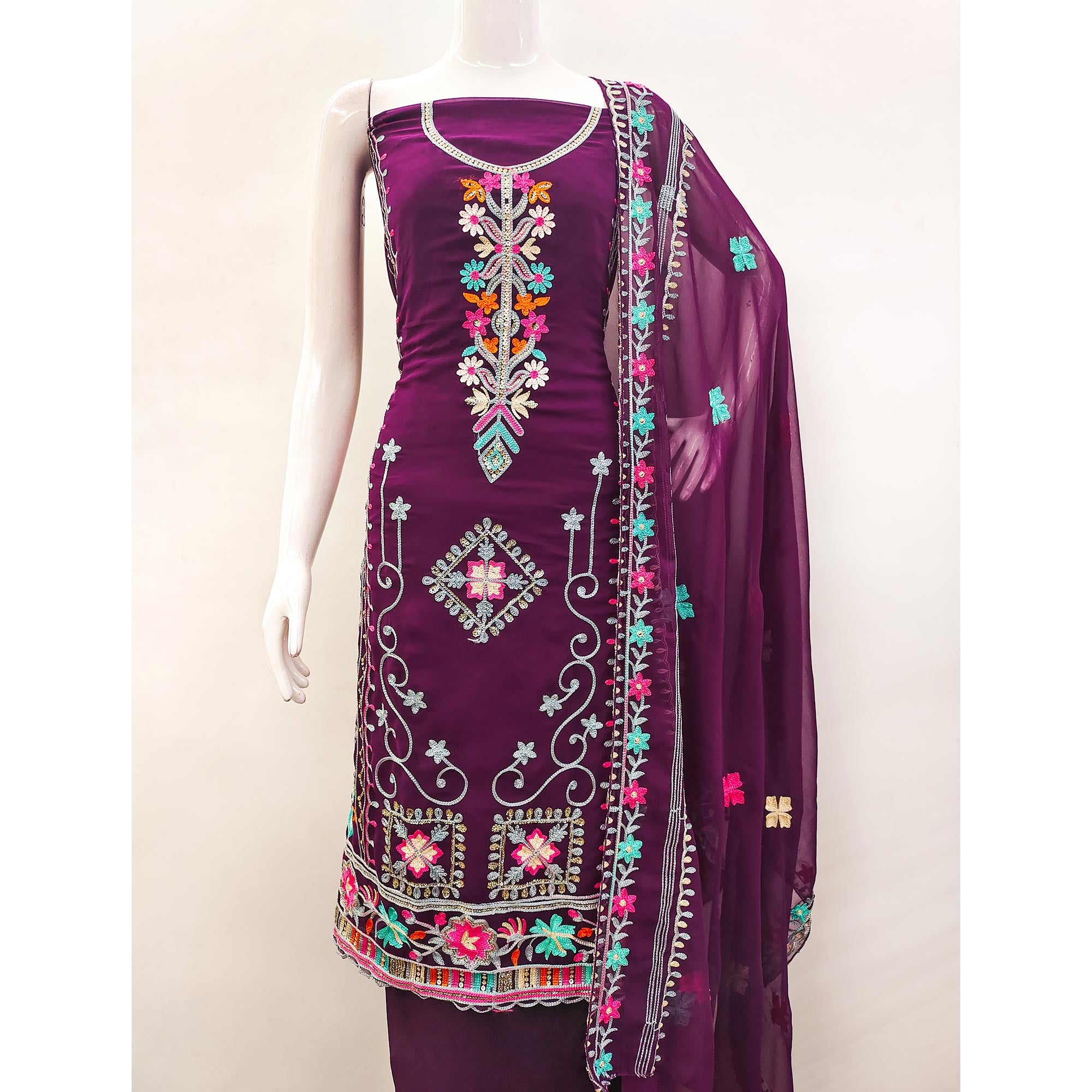 Wine Floral Sequins Embroidered Georgette Dress Material