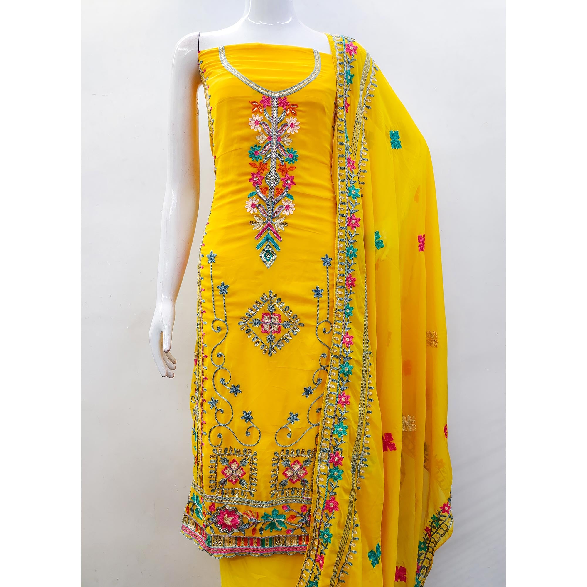 Yellow Floral Sequins Embroidered Georgette Dress Material