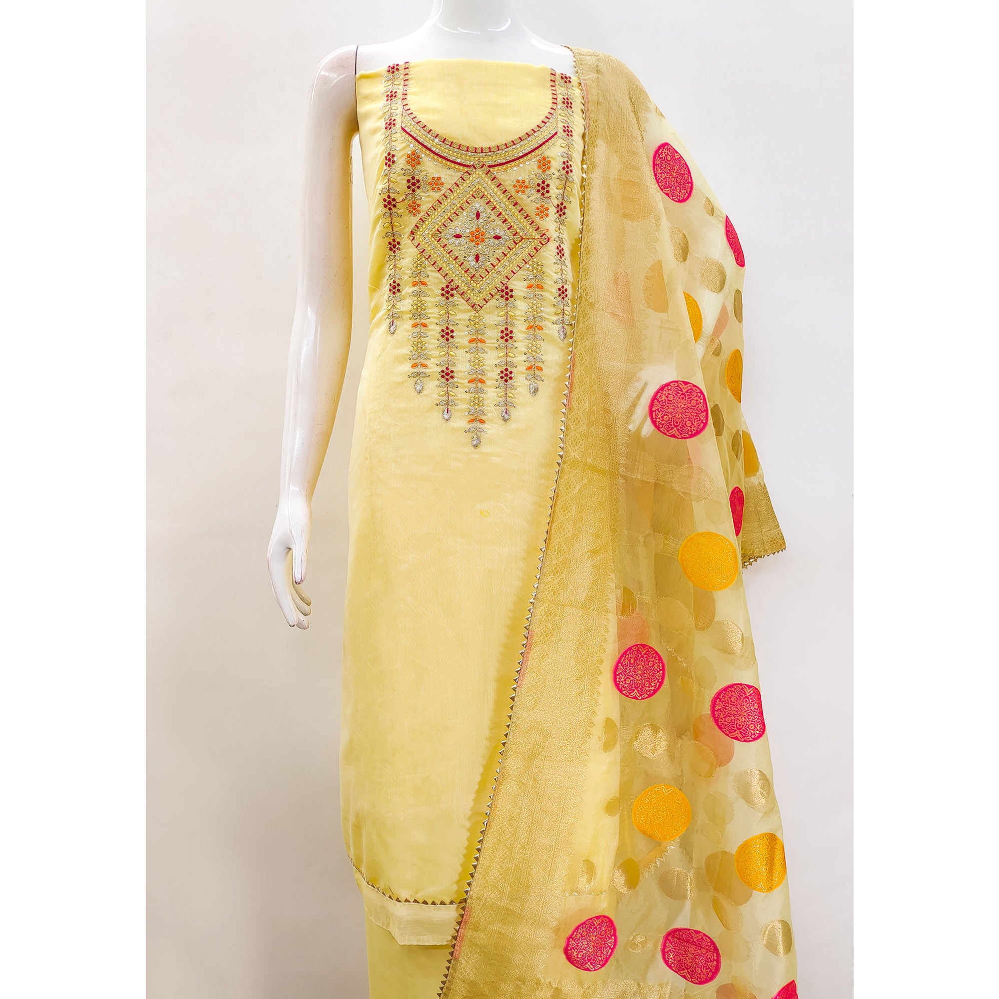 Yellow Floral Sequins Embroidered Chanderi Dress Material
