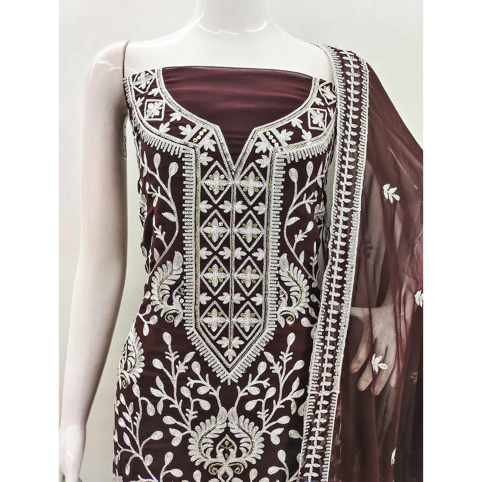 Coffee Brown Floral Sequins Embroidered Georgette Dress Material