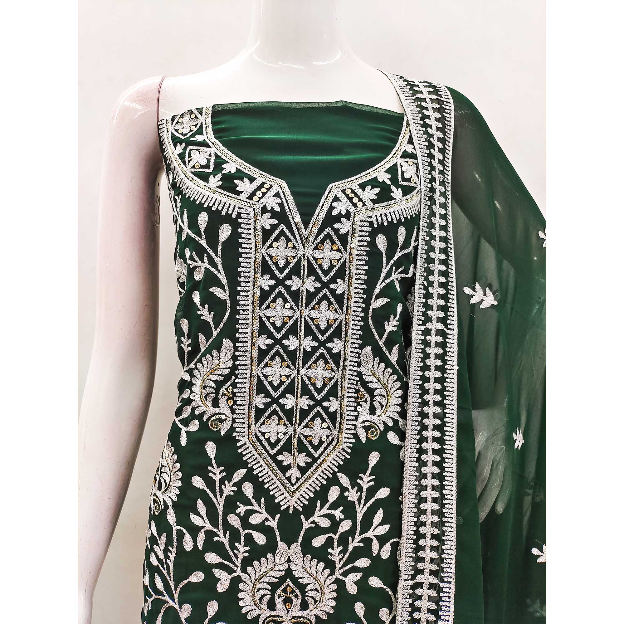 Green Floral Sequins Embroidered Georgette Dress Material