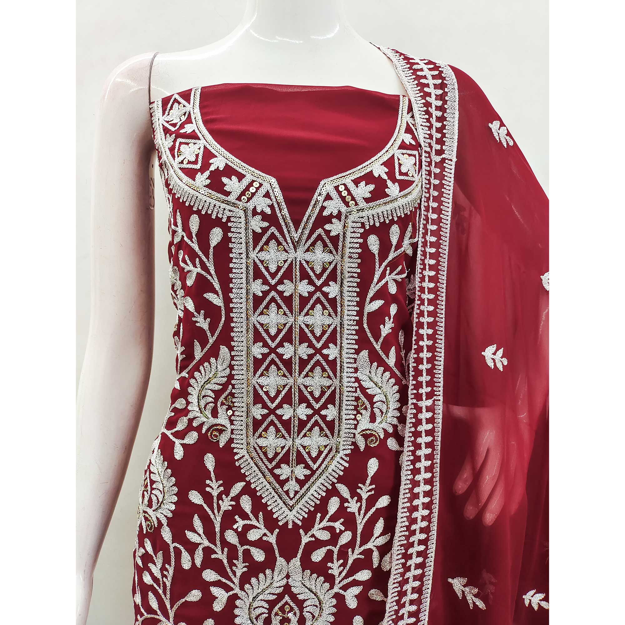 Maroon Floral Sequins Embroidered Georgette Dress Material