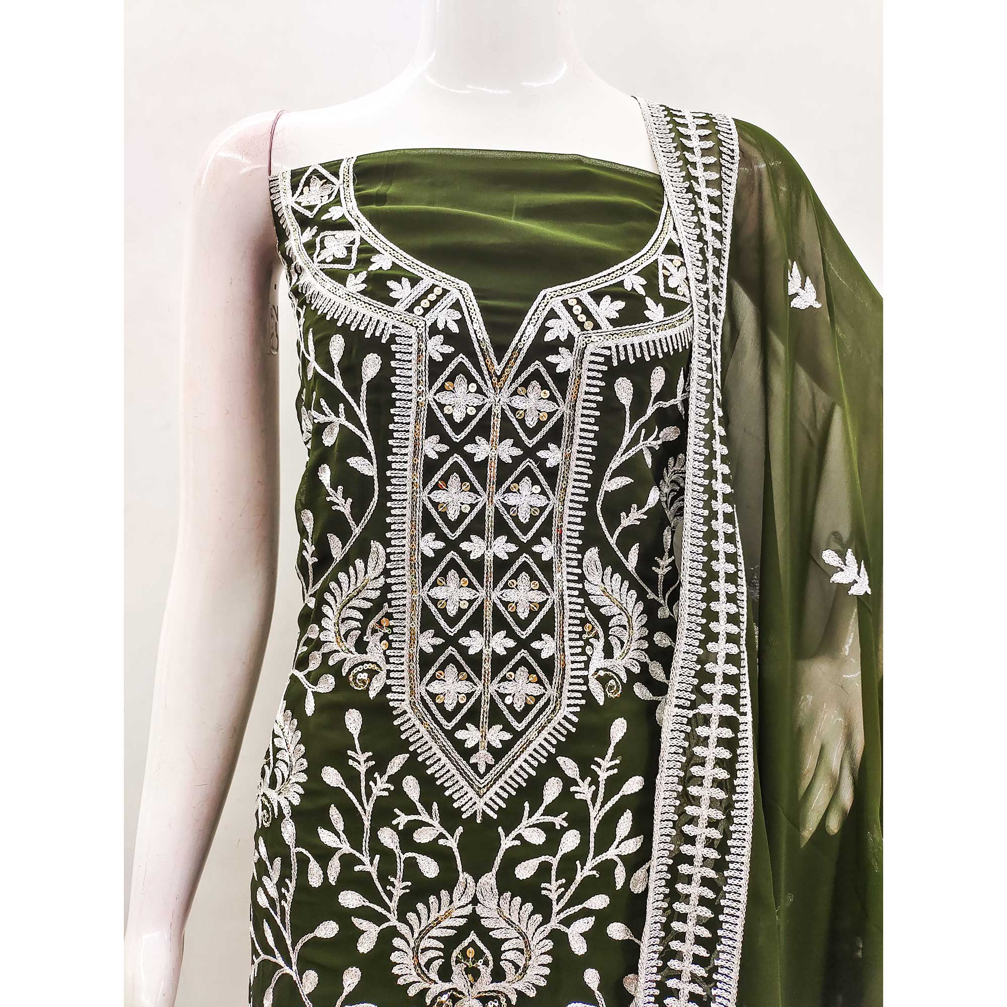 Mehendi Green Floral Sequins Embroidered Georgette Dress Material