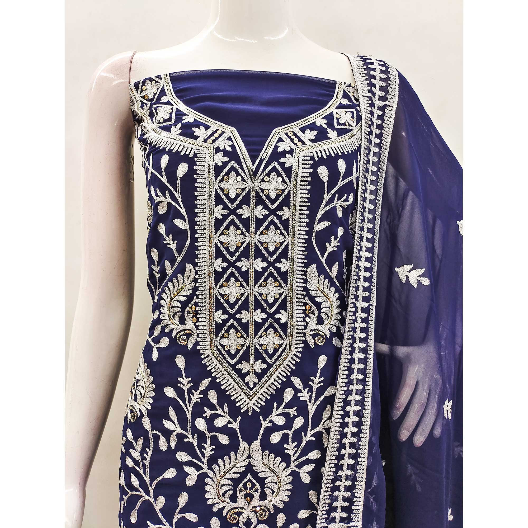 Navy Blue Floral Sequins Embroidered Georgette Dress Material