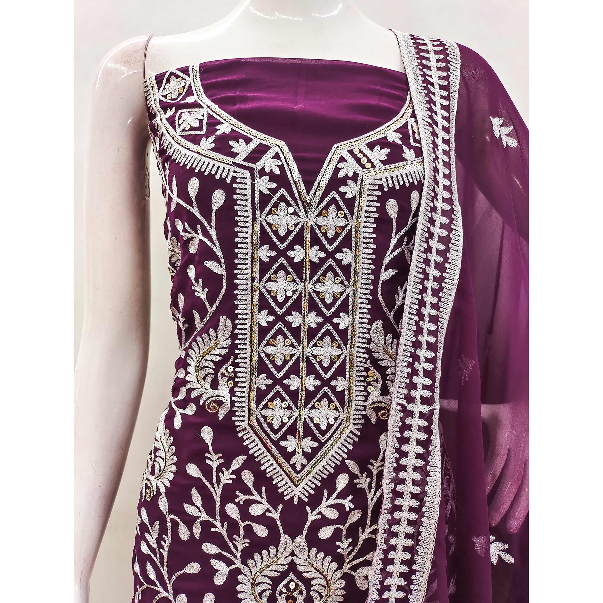 Purple Floral Sequins Embroidered Georgette Dress Material