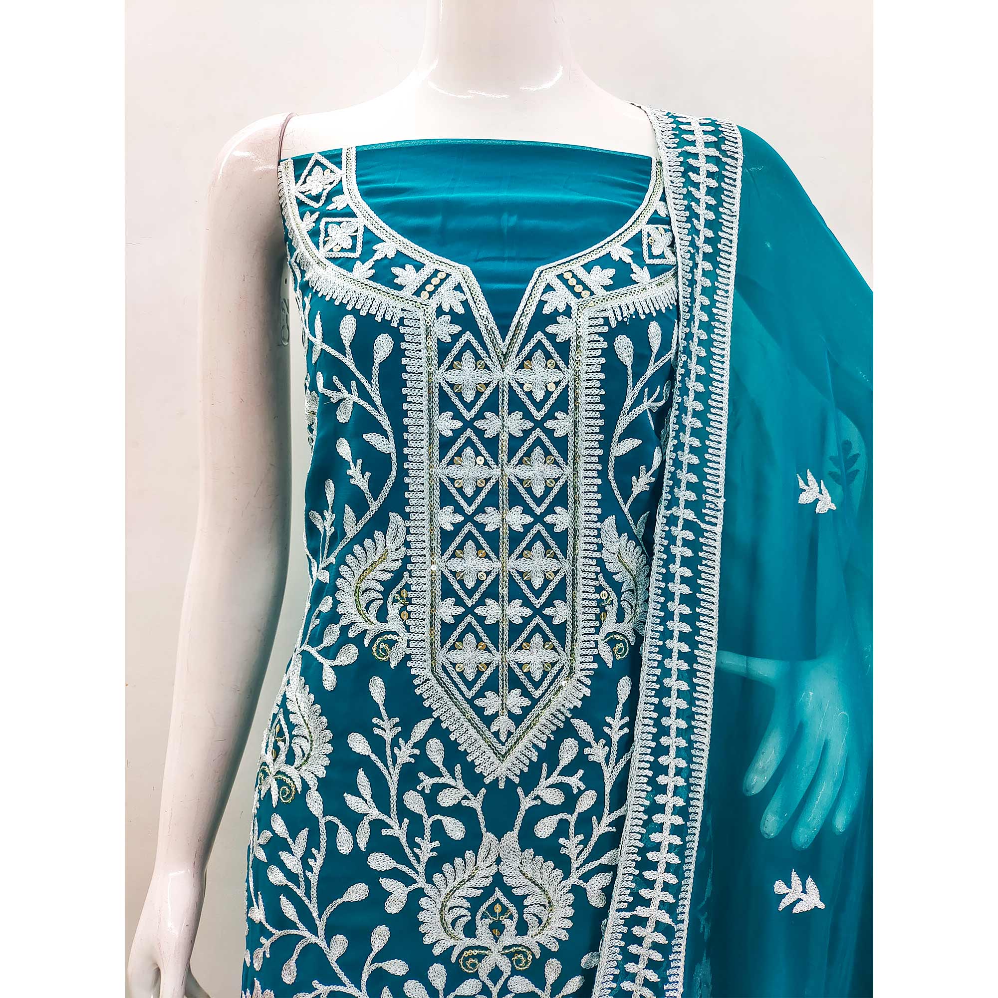 Rama Blue Floral Sequins Embroidered Georgette Dress Material