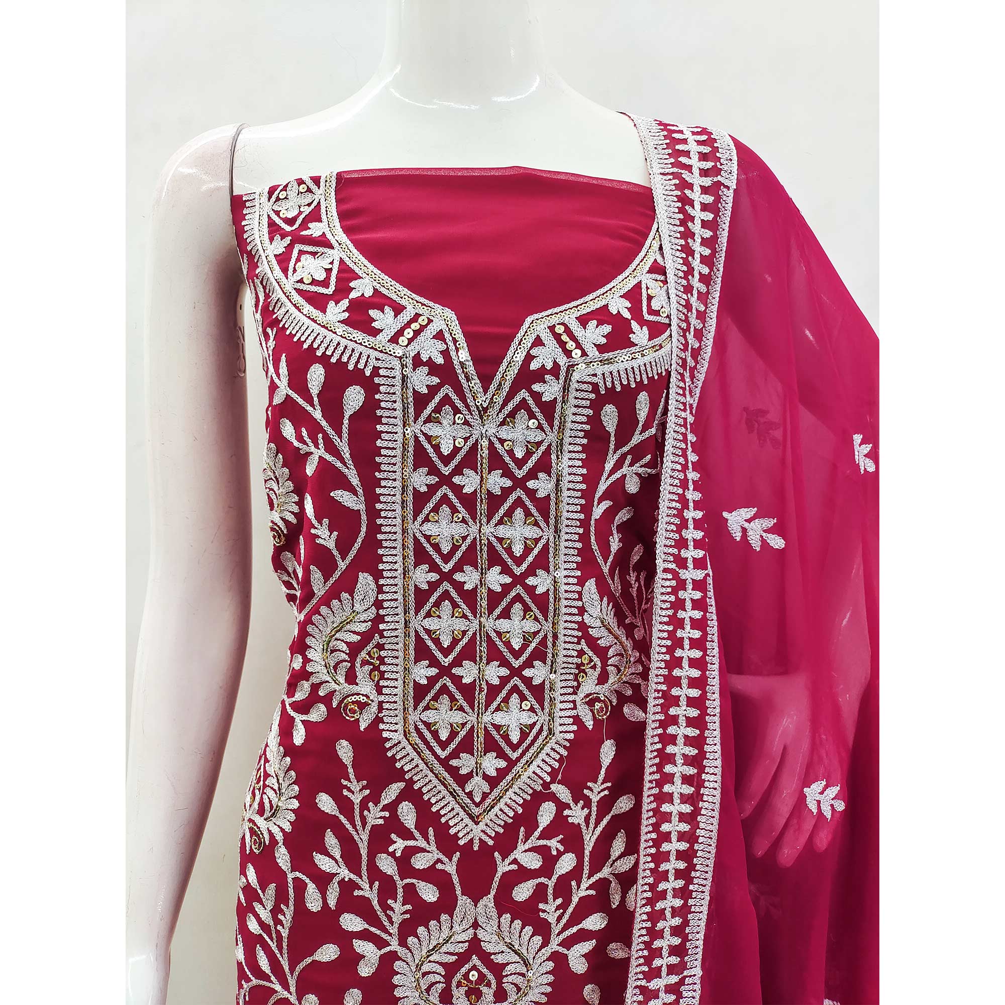 Rani Pink Floral Sequins Embroidered Georgette Dress Material