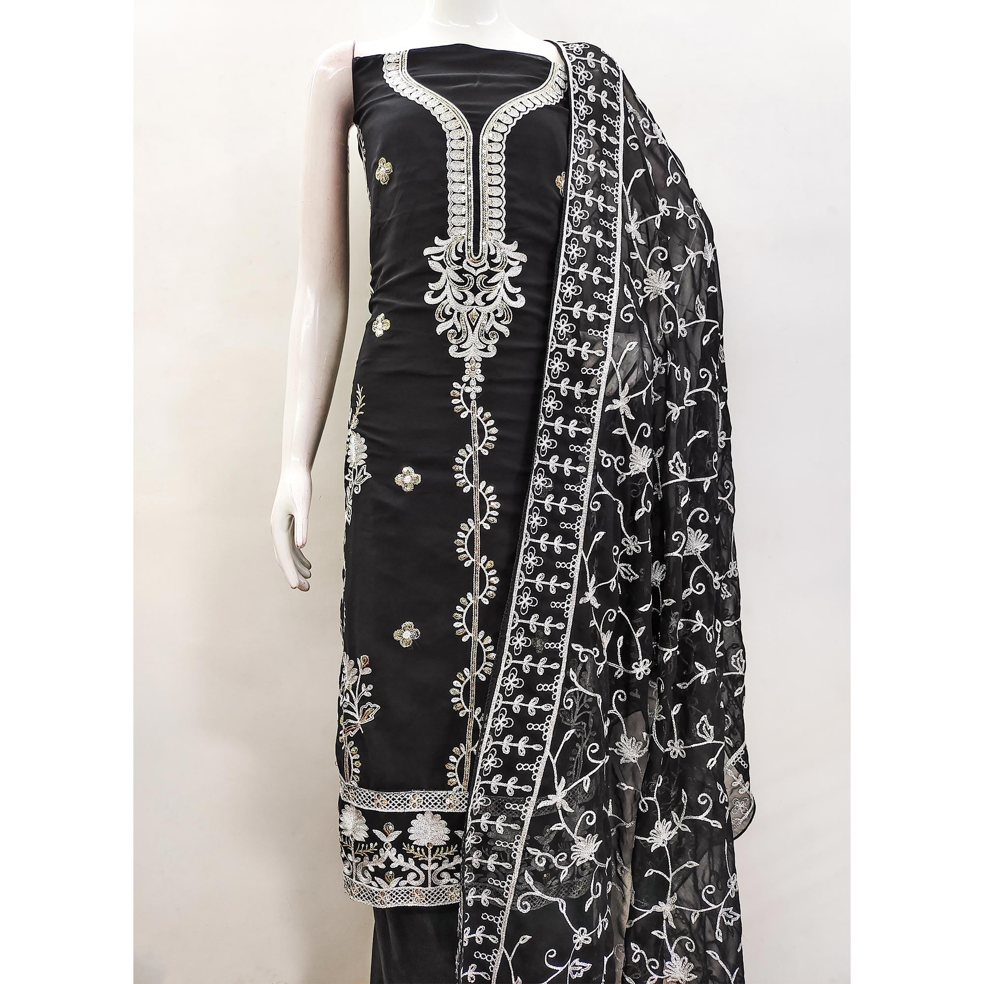 Black Floral Sequins Embroidered Georgette Dress Material