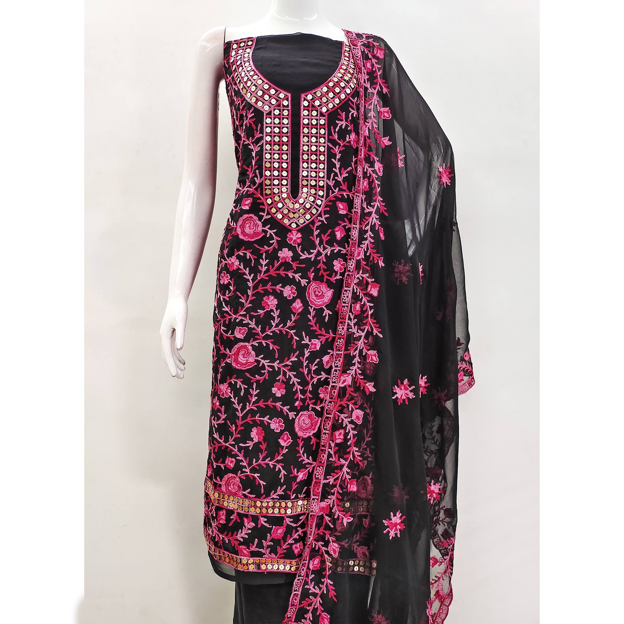 Black & Gajari Pink Floral Sequins Embroidered Georgette Dress Material