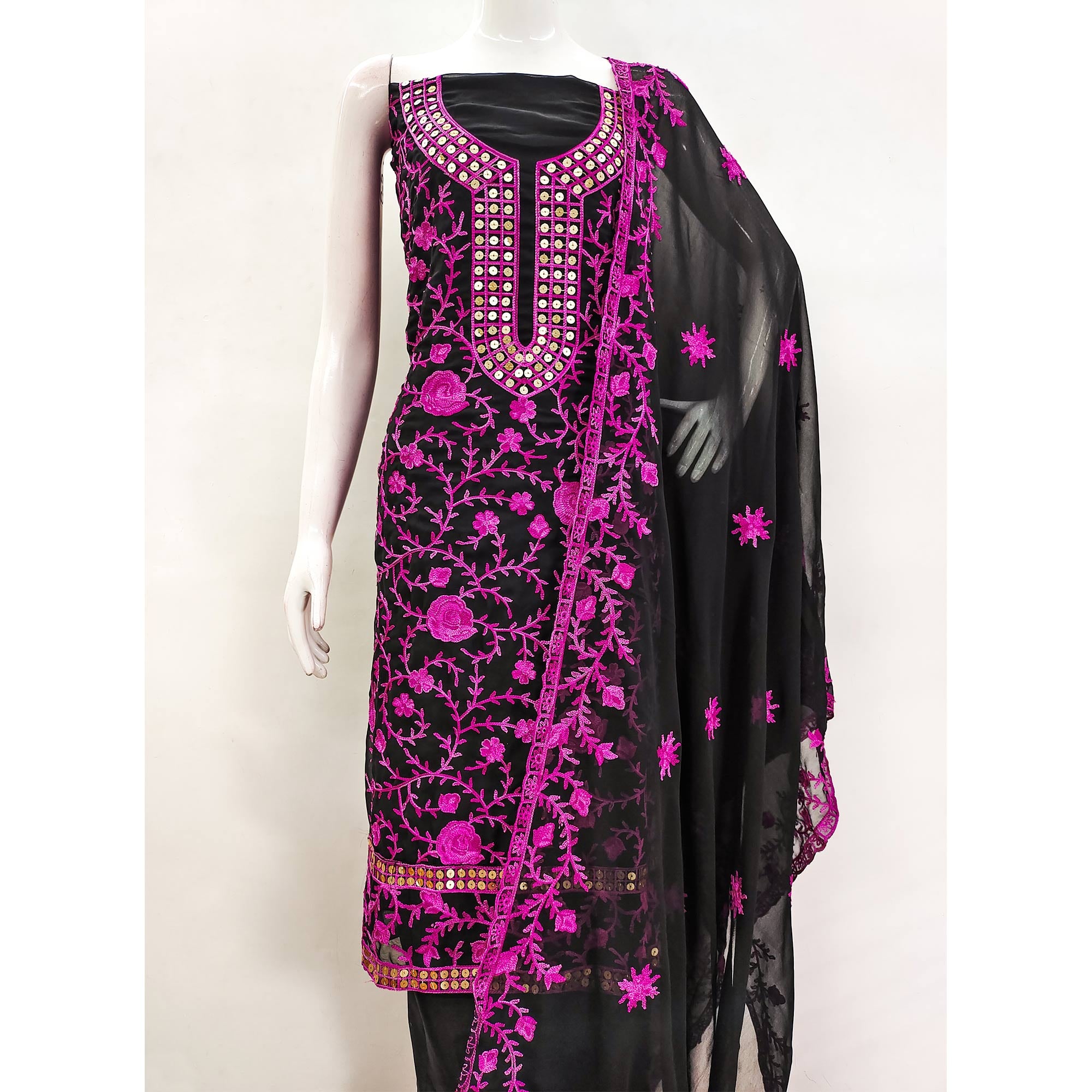 Black & Pink Floral Sequins Embroidered Georgette Dress Material
