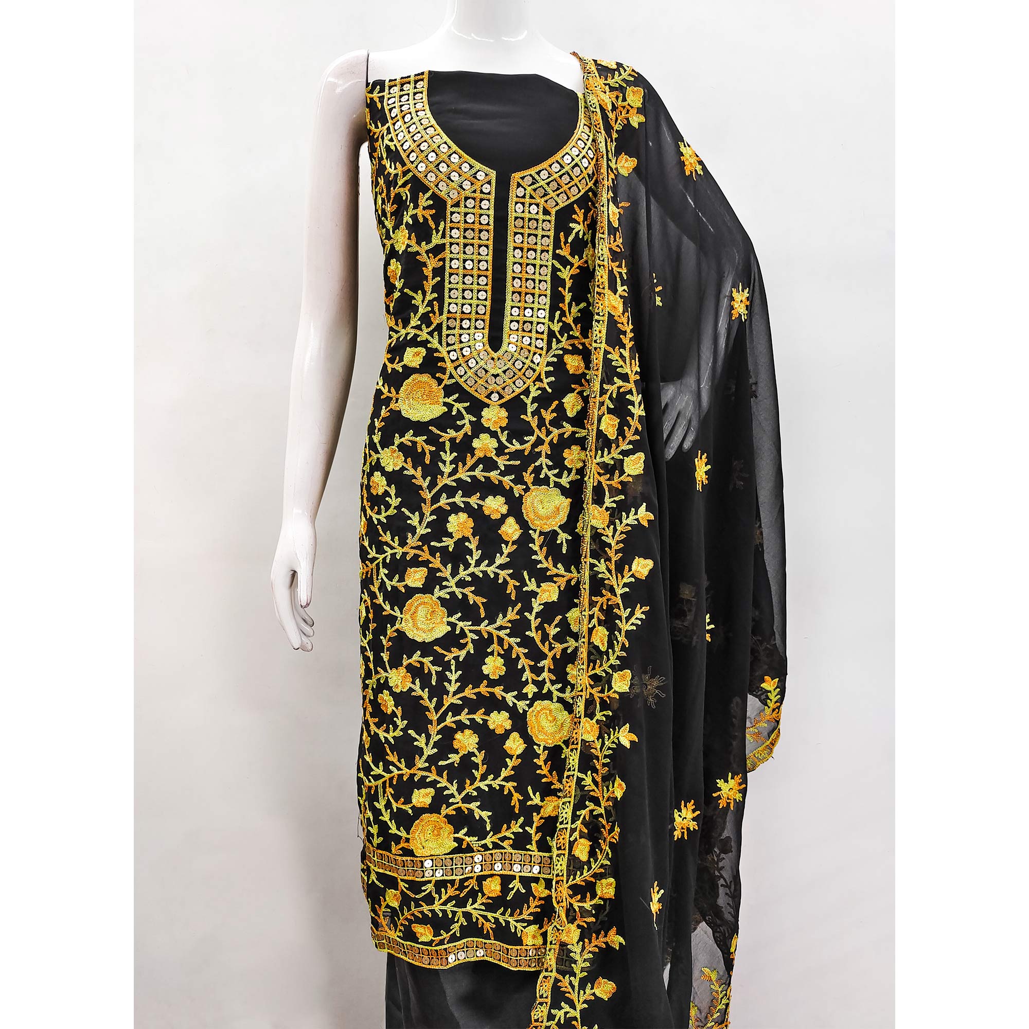 Black & Yellow Floral Sequins Embroidered Georgette Dress Material