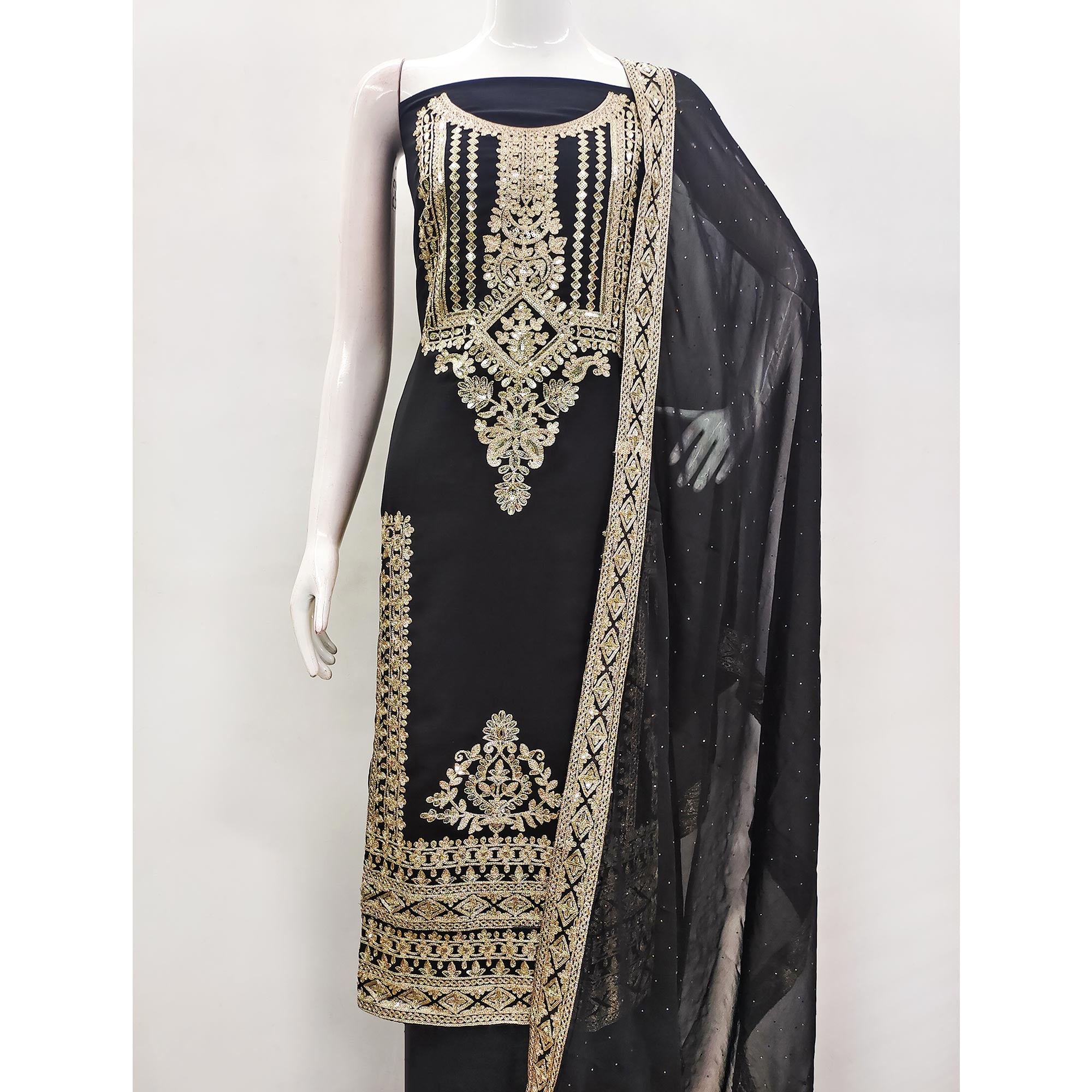 Black Floral Sequins Embroidered Georgette Dress Material