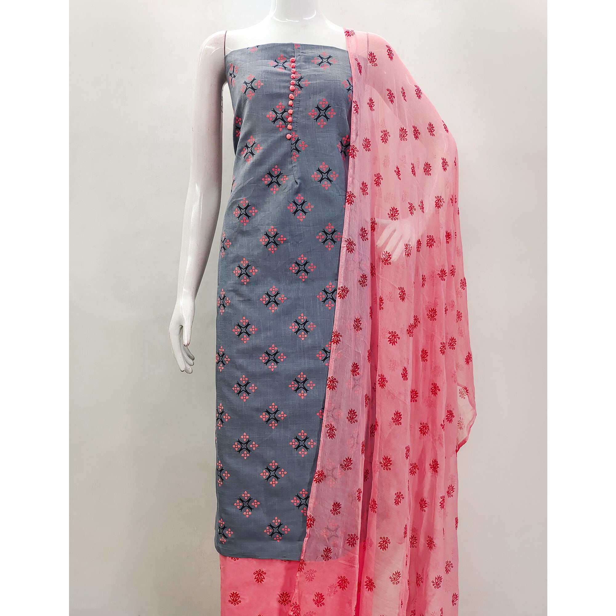 Grey & Gajari Pink Floral Printed Cotton Blend Dress Material