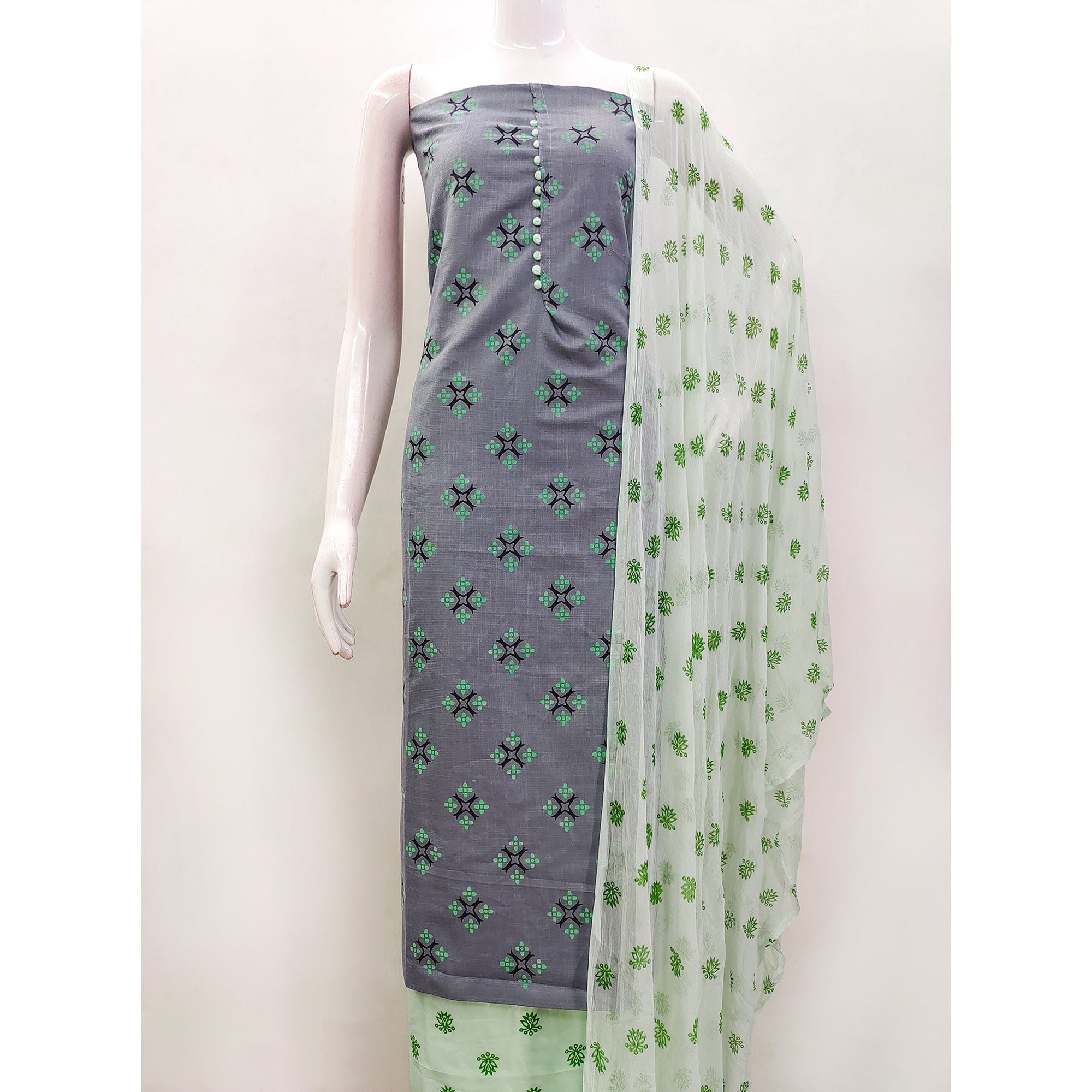 Grey & Green Floral Printed Cotton Blend Dress Material