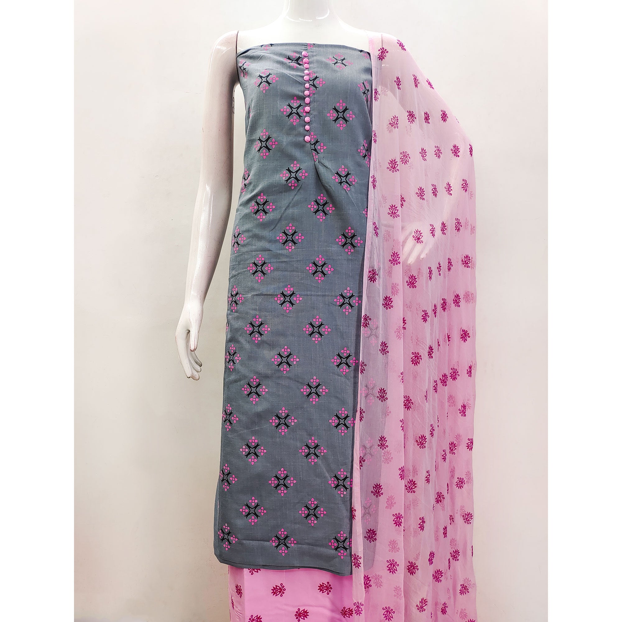 Grey & Pink Floral Printed Cotton Blend Dress Material