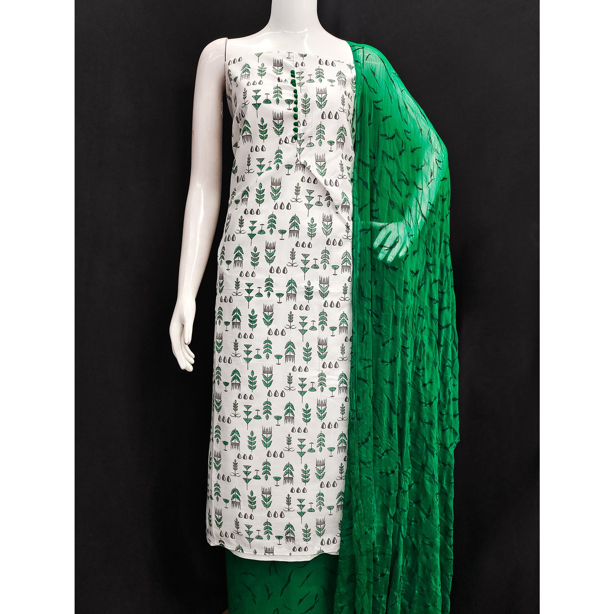 White & Green Floral Printed Cotton Blend Dress Material