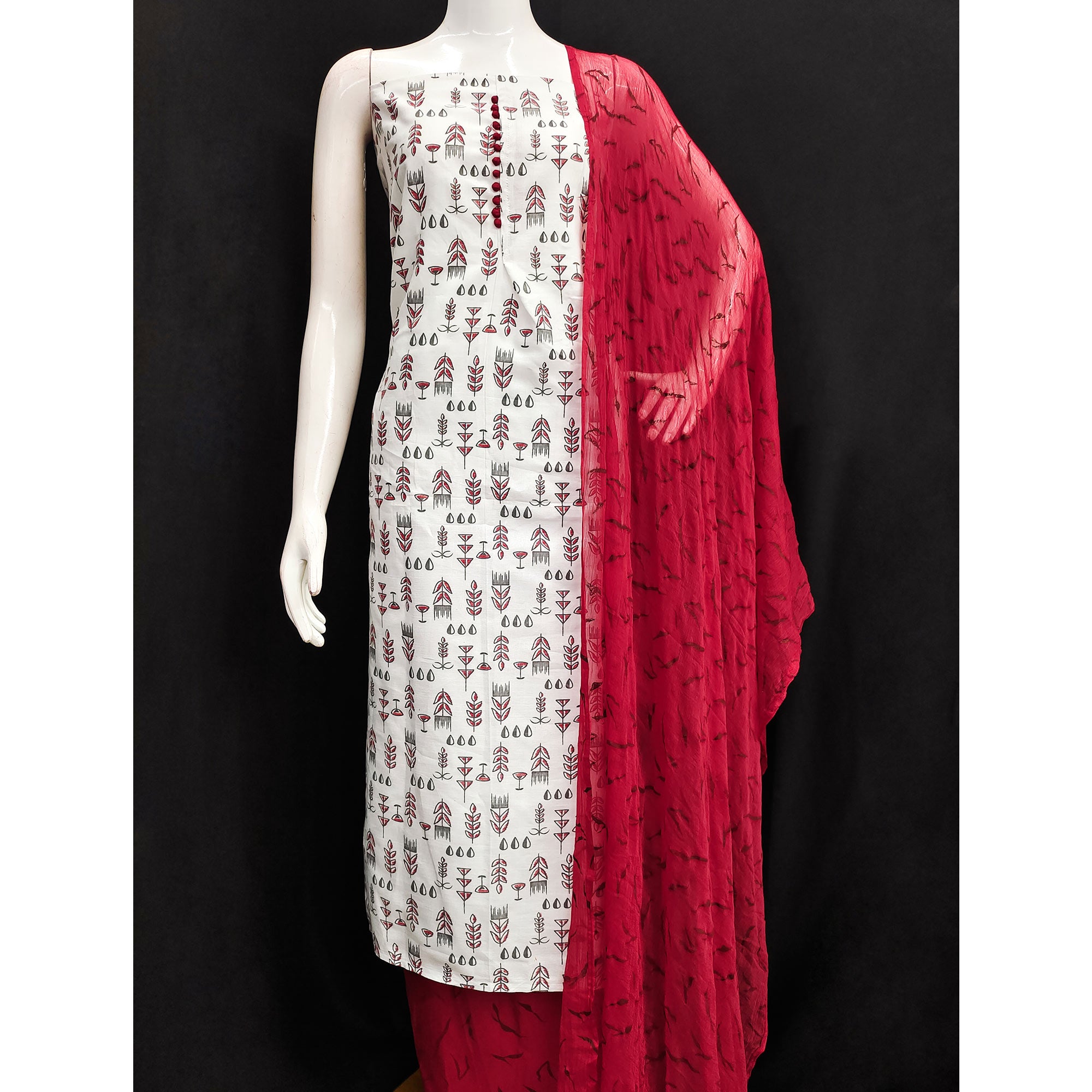 White & Red Floral Printed Cotton Blend Dress Material