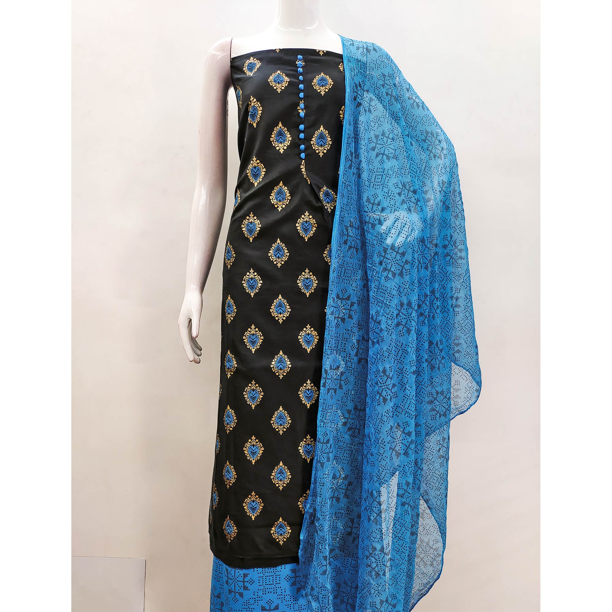 Black & Blue Printed Cotton Blend Dress Material