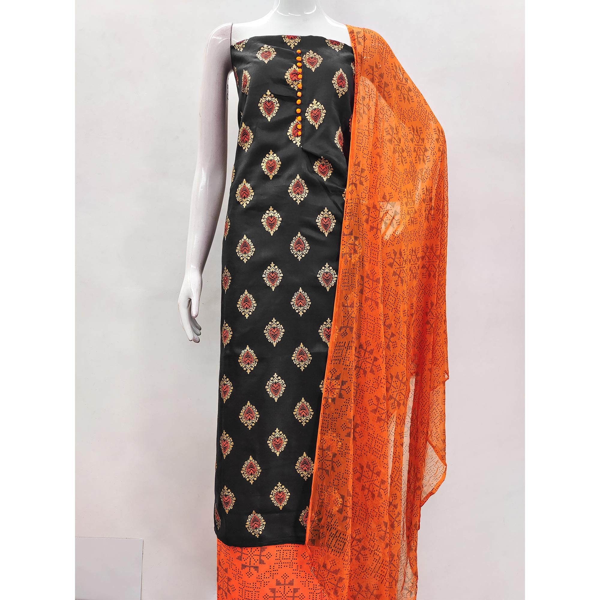 Black & Orange Printed Cotton Blend Dress Material