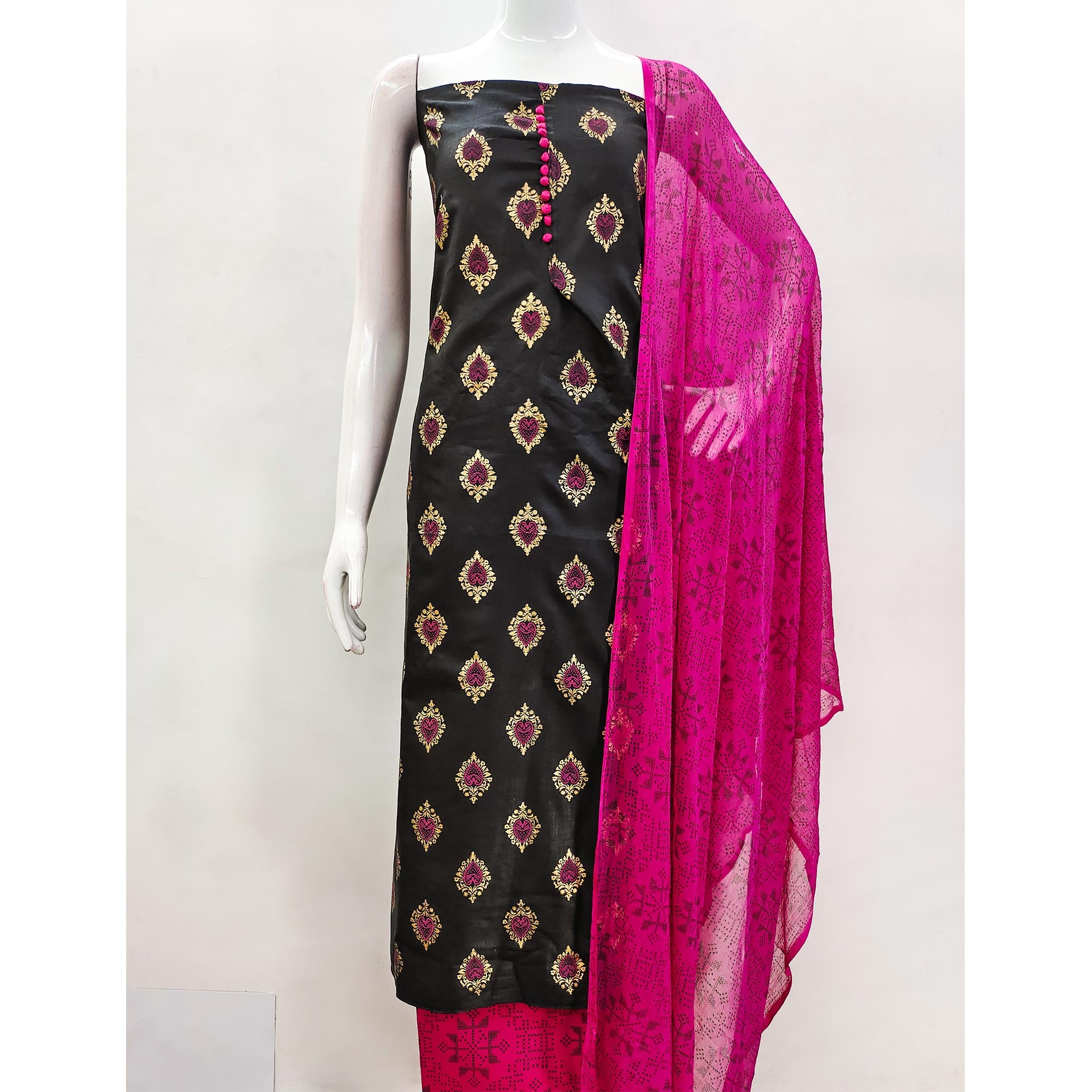 Black & Pink Printed Cotton Blend Dress Material