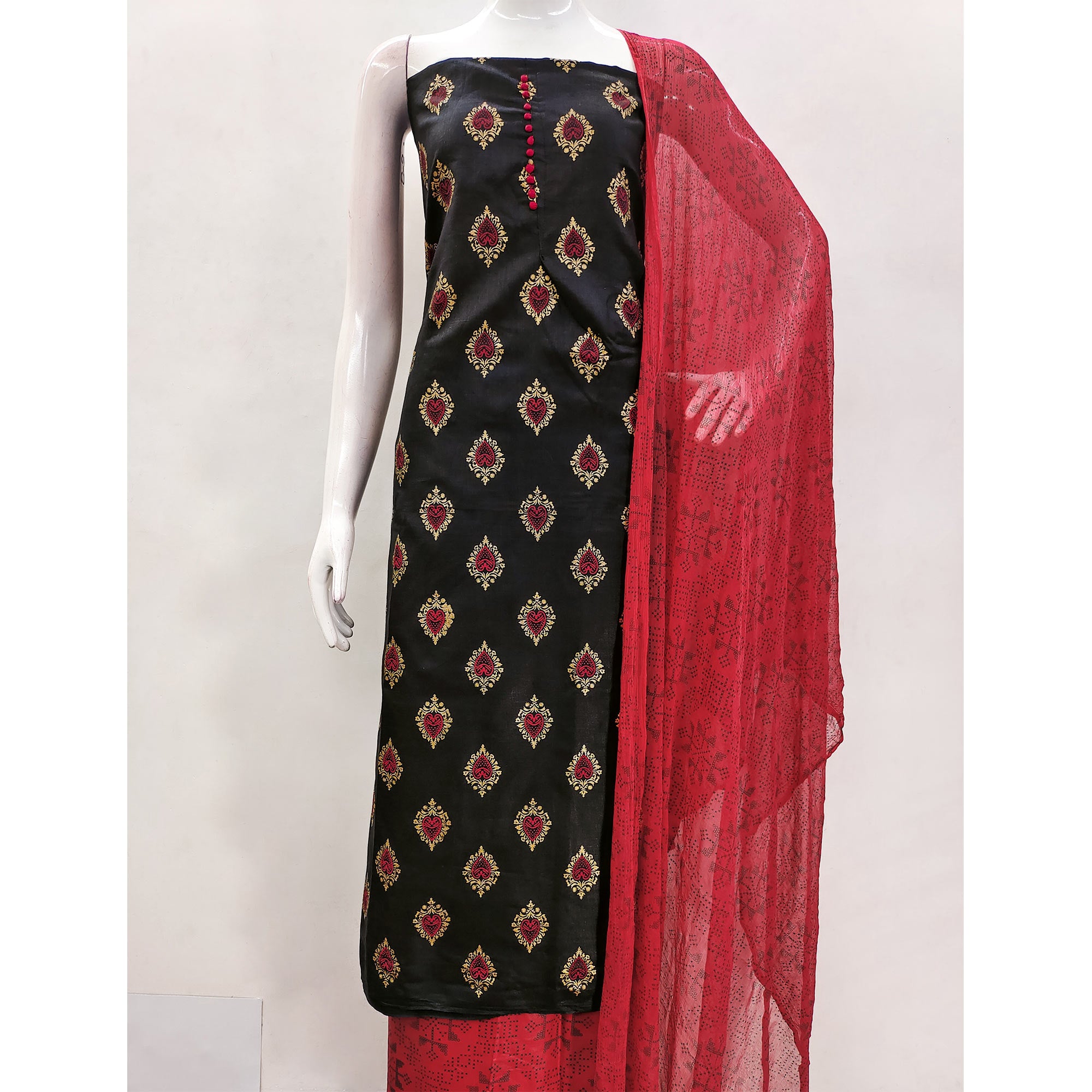 Black & Red Printed Cotton Blend Dress Material