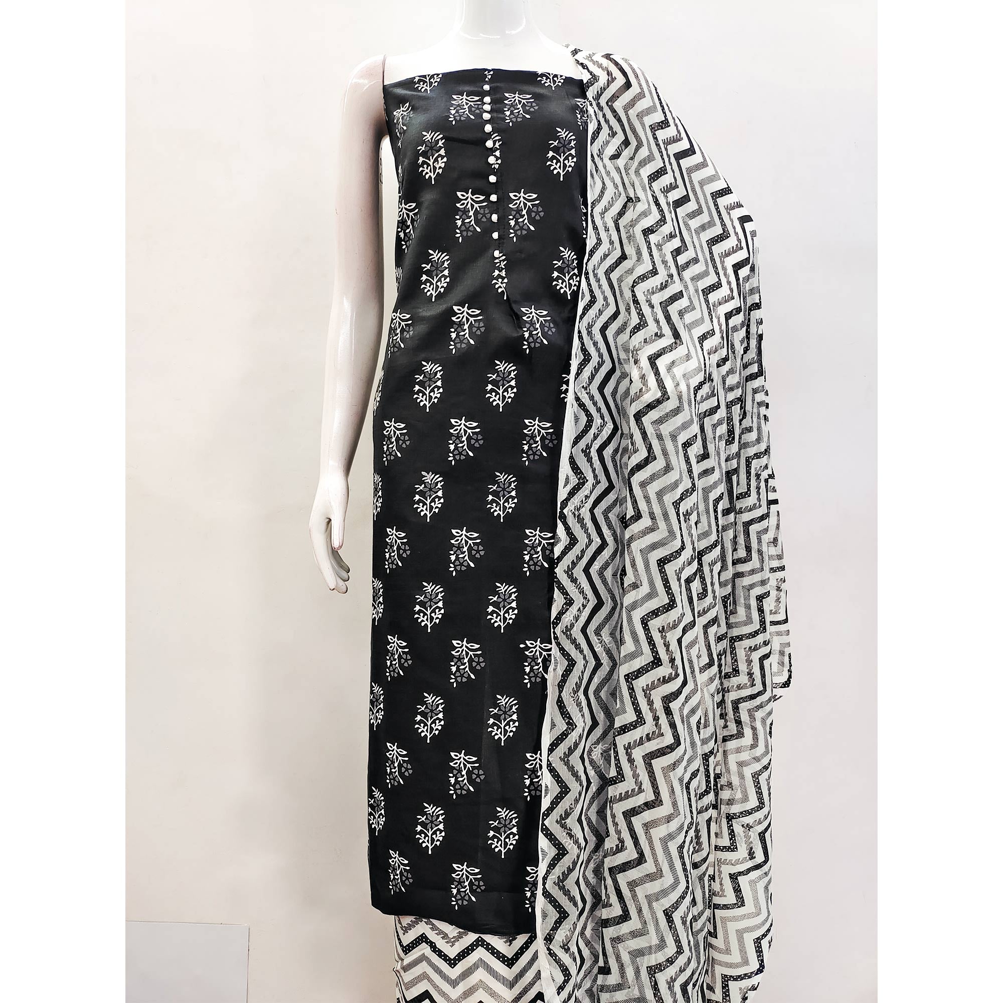 Black Floral Printed Cotton Blend Dress Material