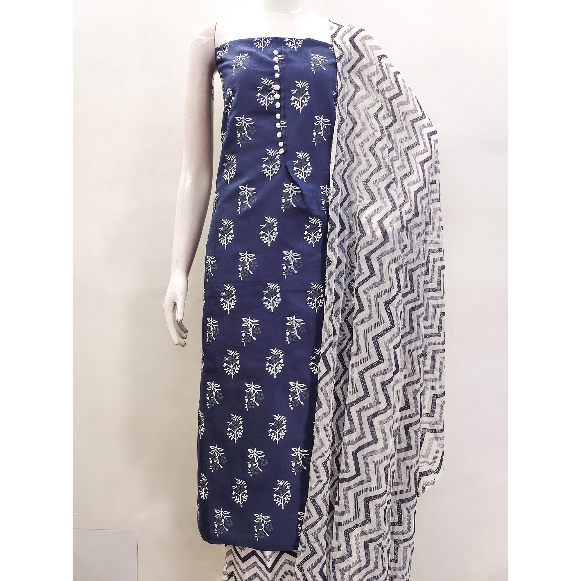 Blue Floral Printed Cotton Blend Dress Material