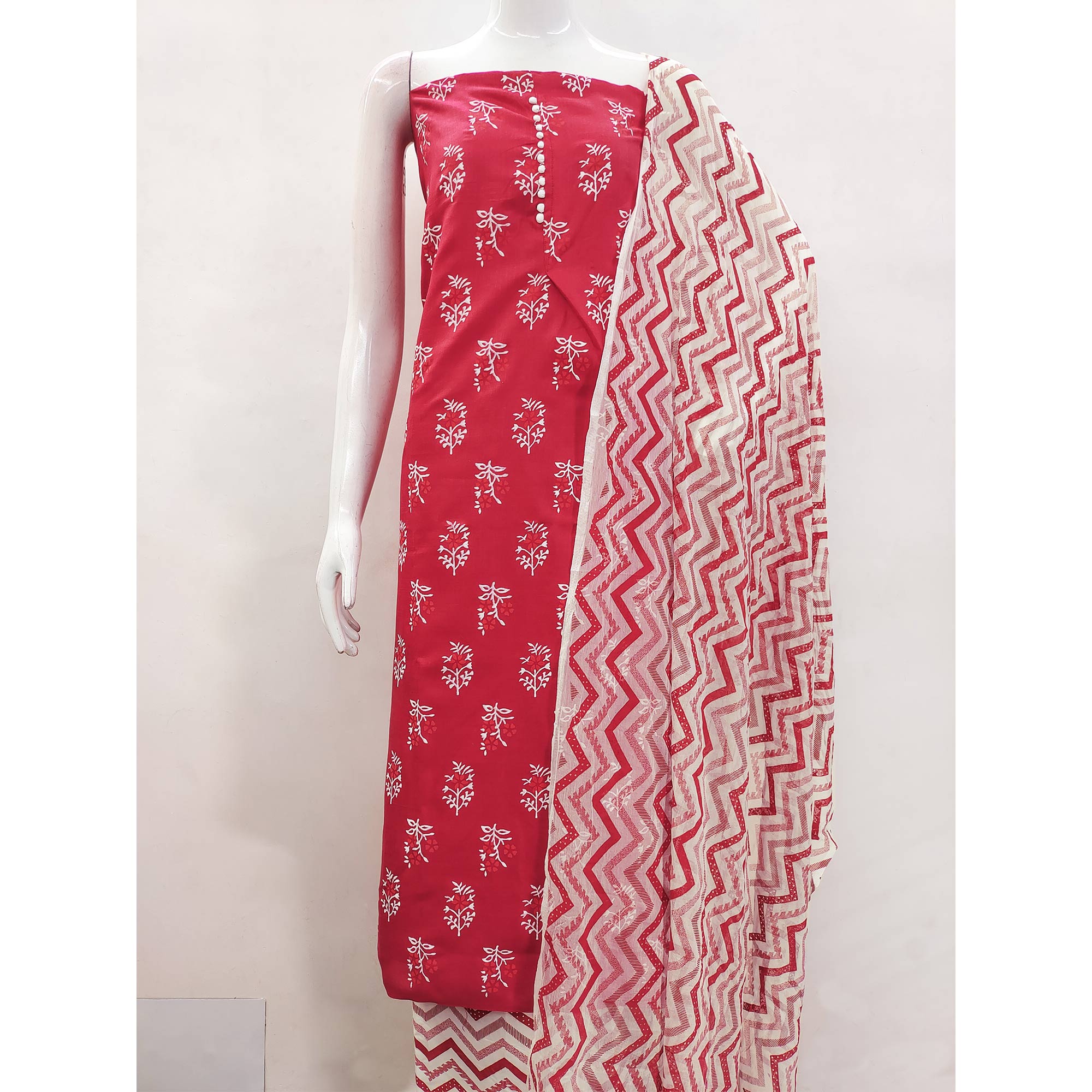 Red Floral Printed Cotton Blend Dress Material