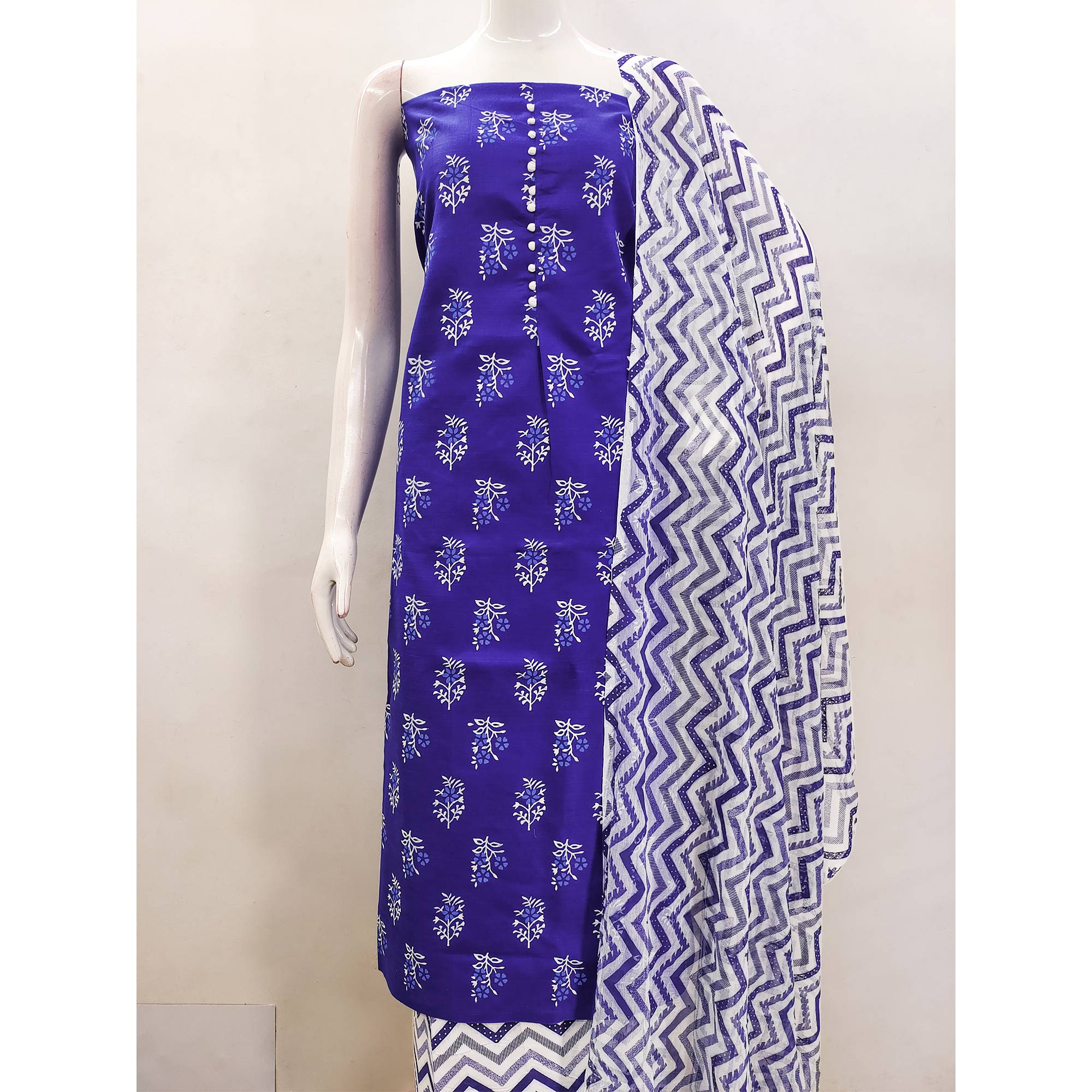 Royal Blue Floral Printed Cotton Blend Dress Material