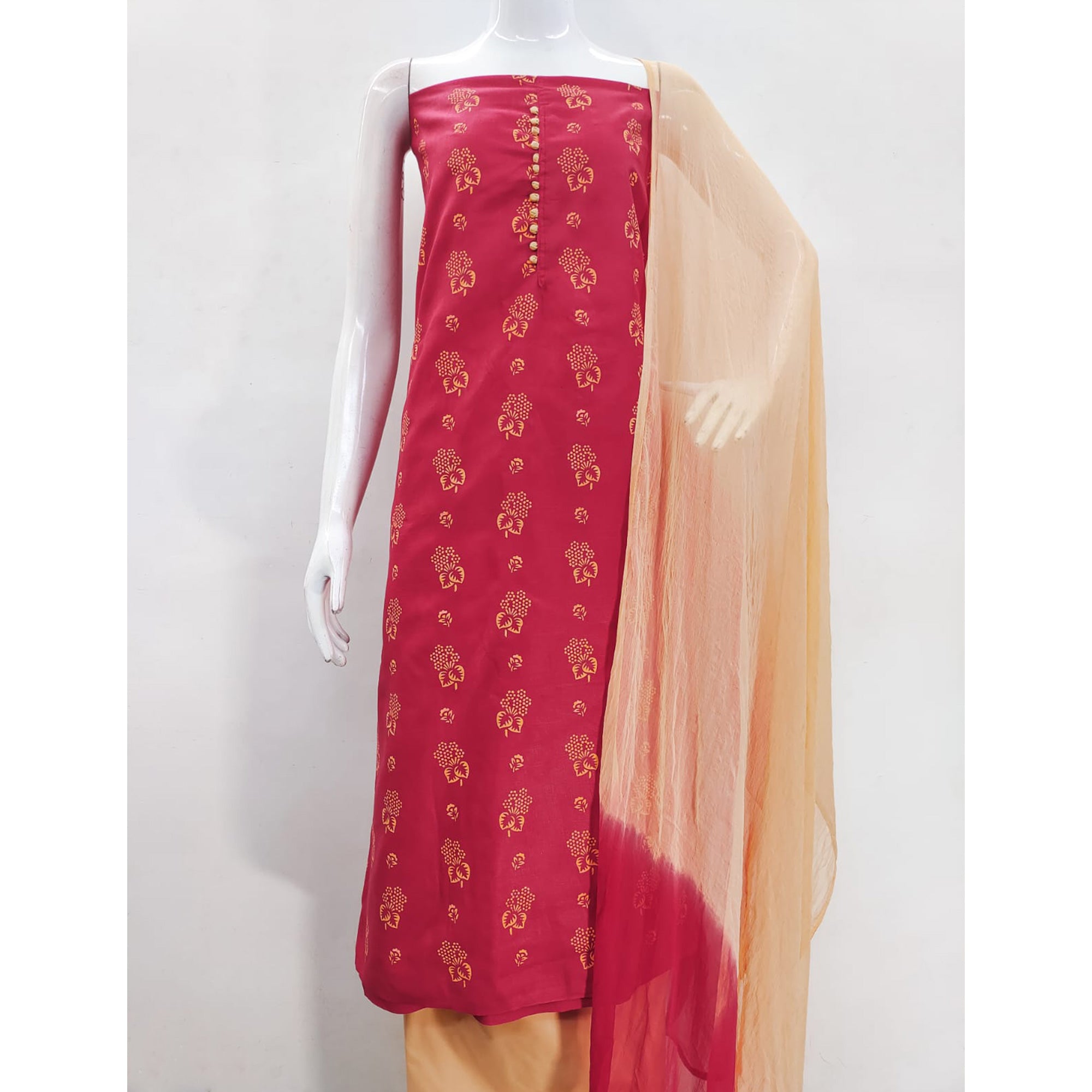 Pink Floral Foil Printed Cotton Blend Dress Material