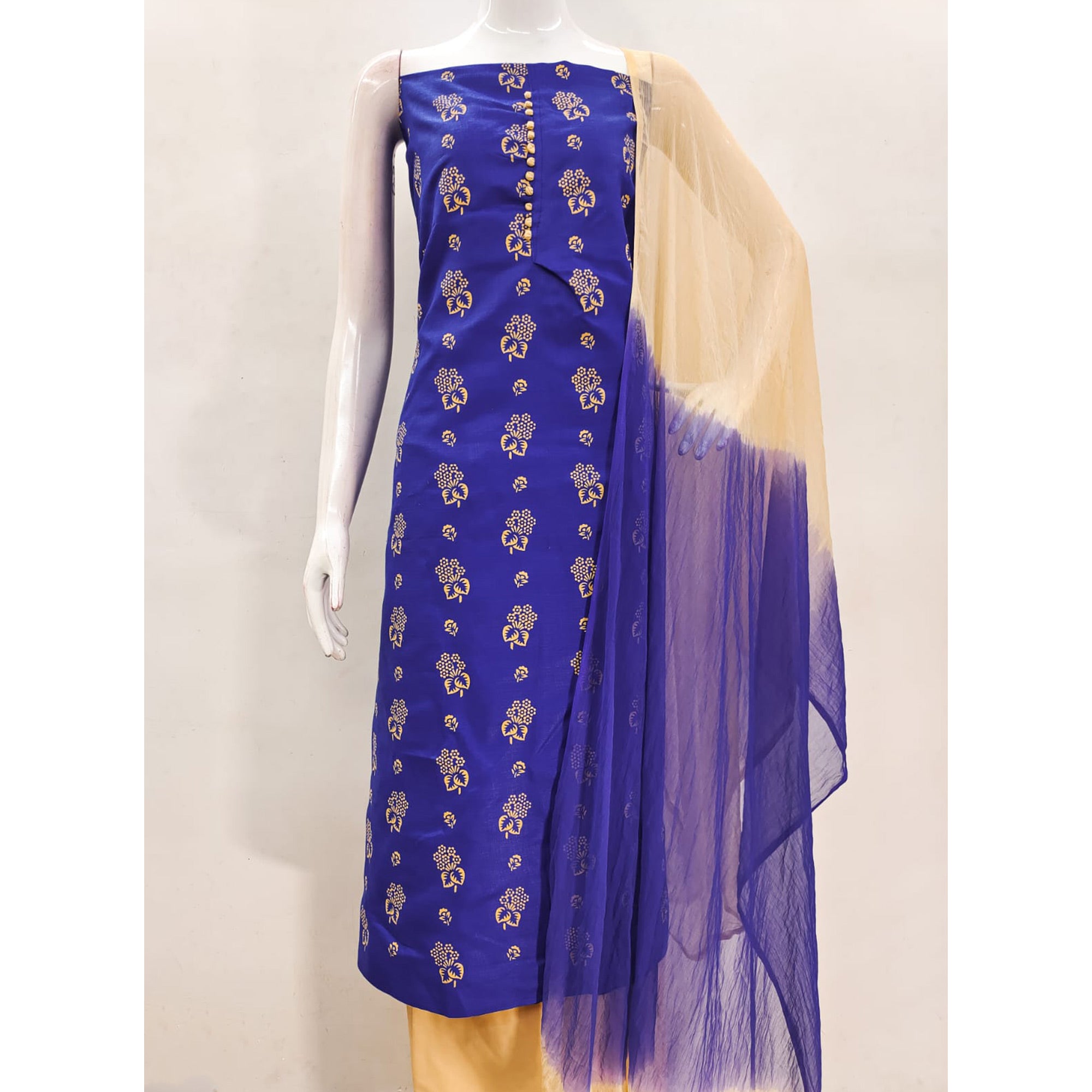 Royal Blue Floral Foil Printed Cotton Blend Dress Material