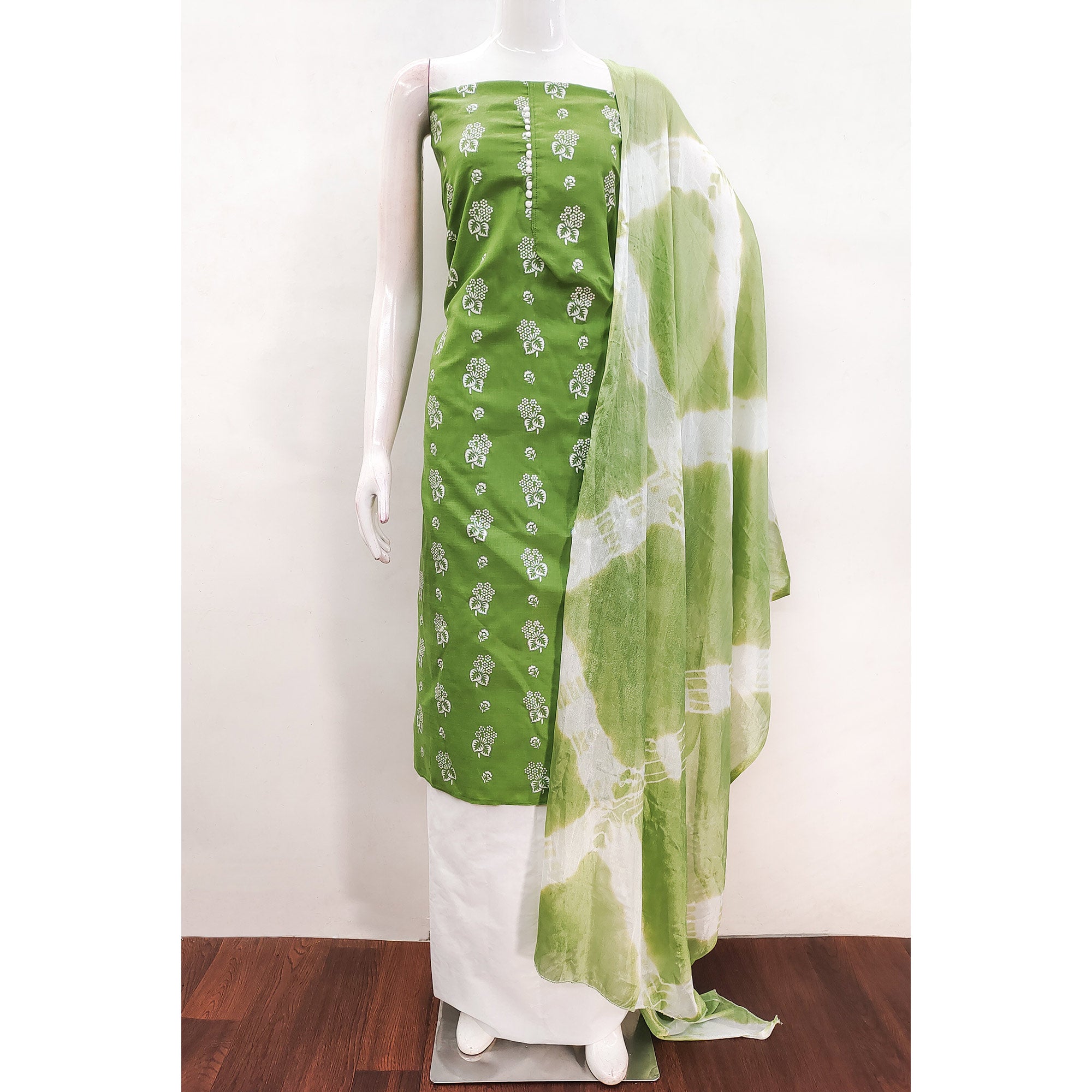 Green Foil Floral Printed Cotton Blend Dress Material