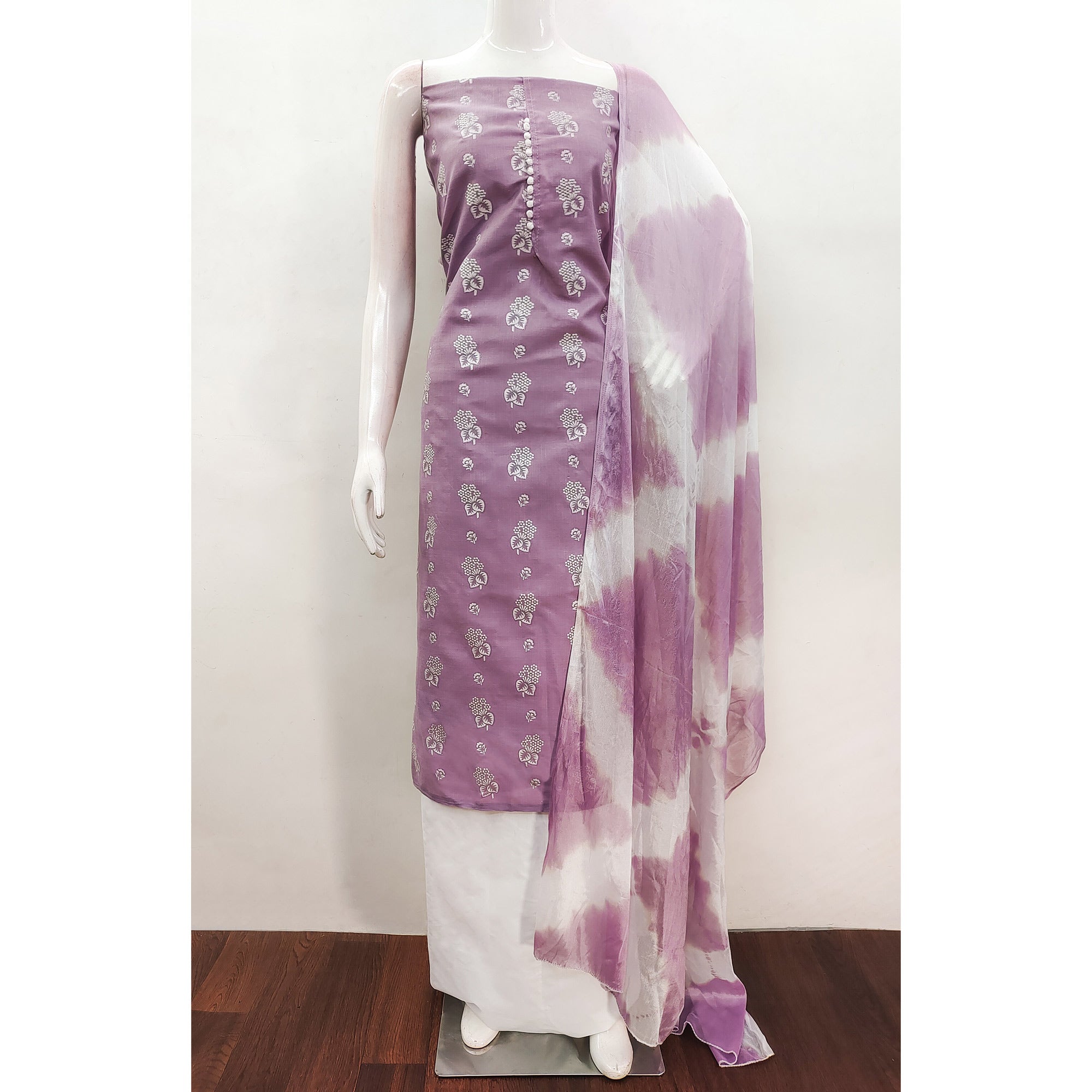 Lavender Floral Foil Printed Cotton Blend Dress Material