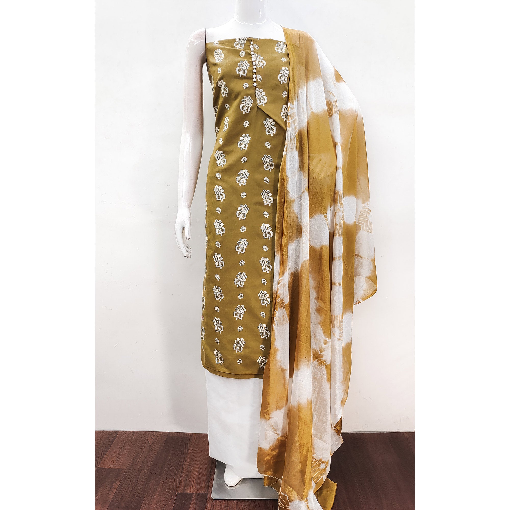 Mustard Foil Floral Printed Cotton Blend Dress Material