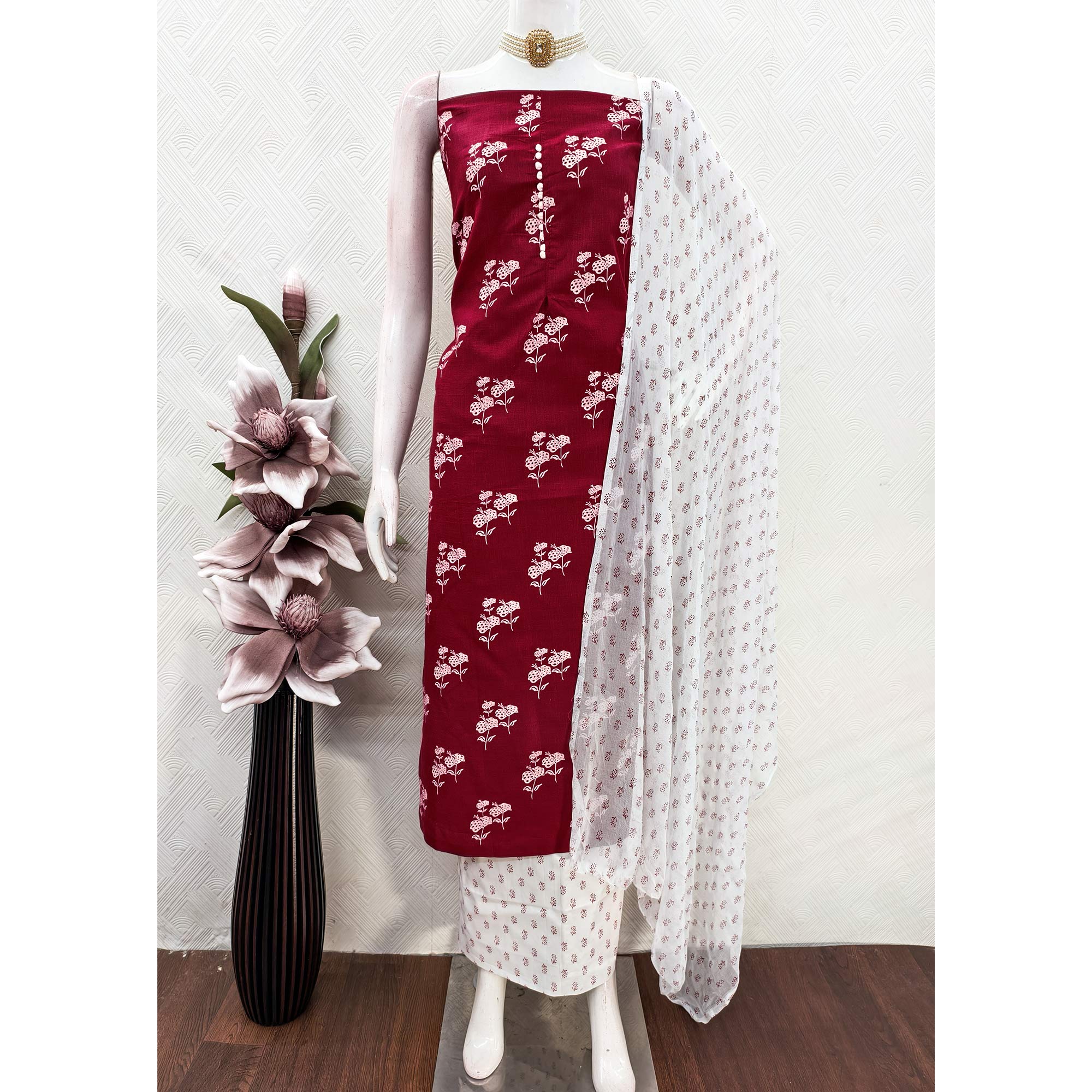 Maroon Cotton Blend Fabric Featuring Subtle and Elegant Floral Prints