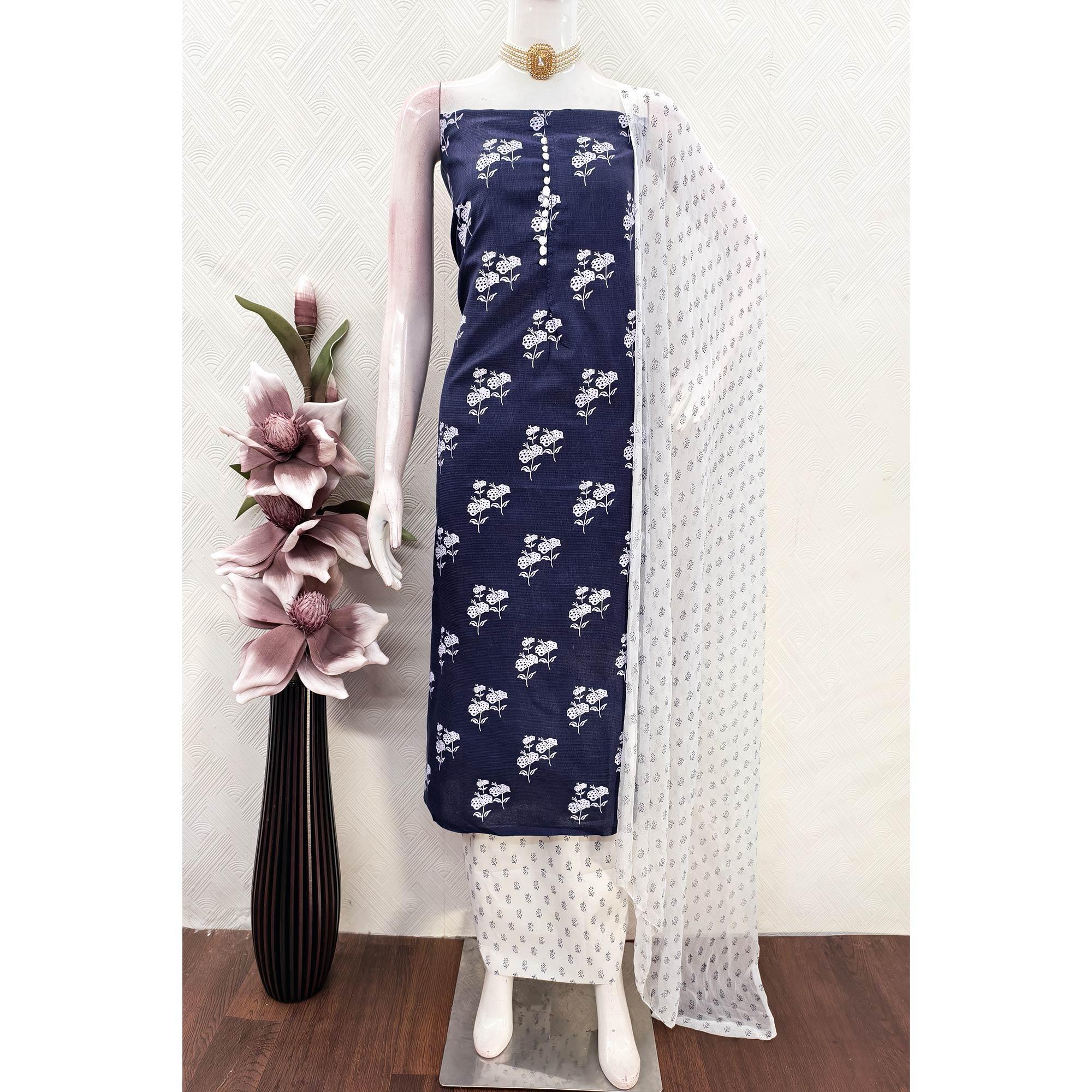 Navy Blue Cotton Blend Fabric Featuring Subtle and Elegant Floral Prints