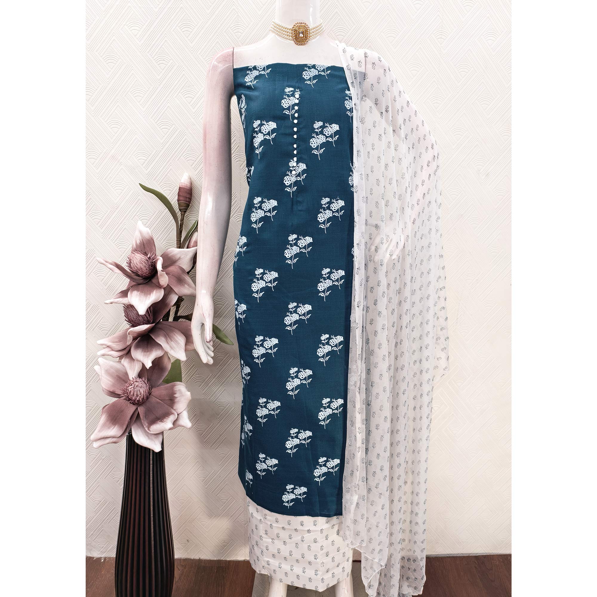 Teal Cotton Blend Fabric Featuring Subtle and Elegant Floral Prints