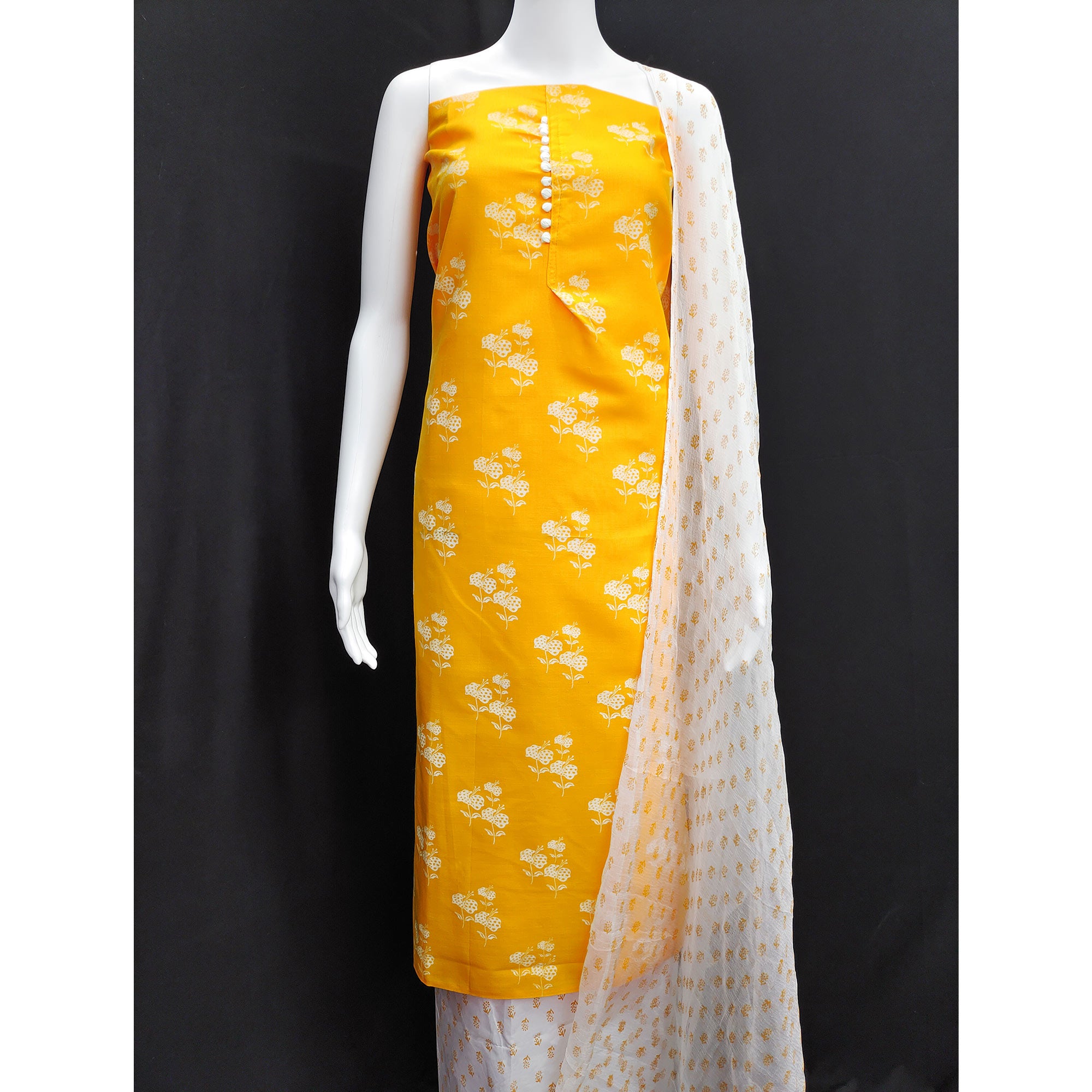 Yellow Cotton Blend Floral Printed Dress Material