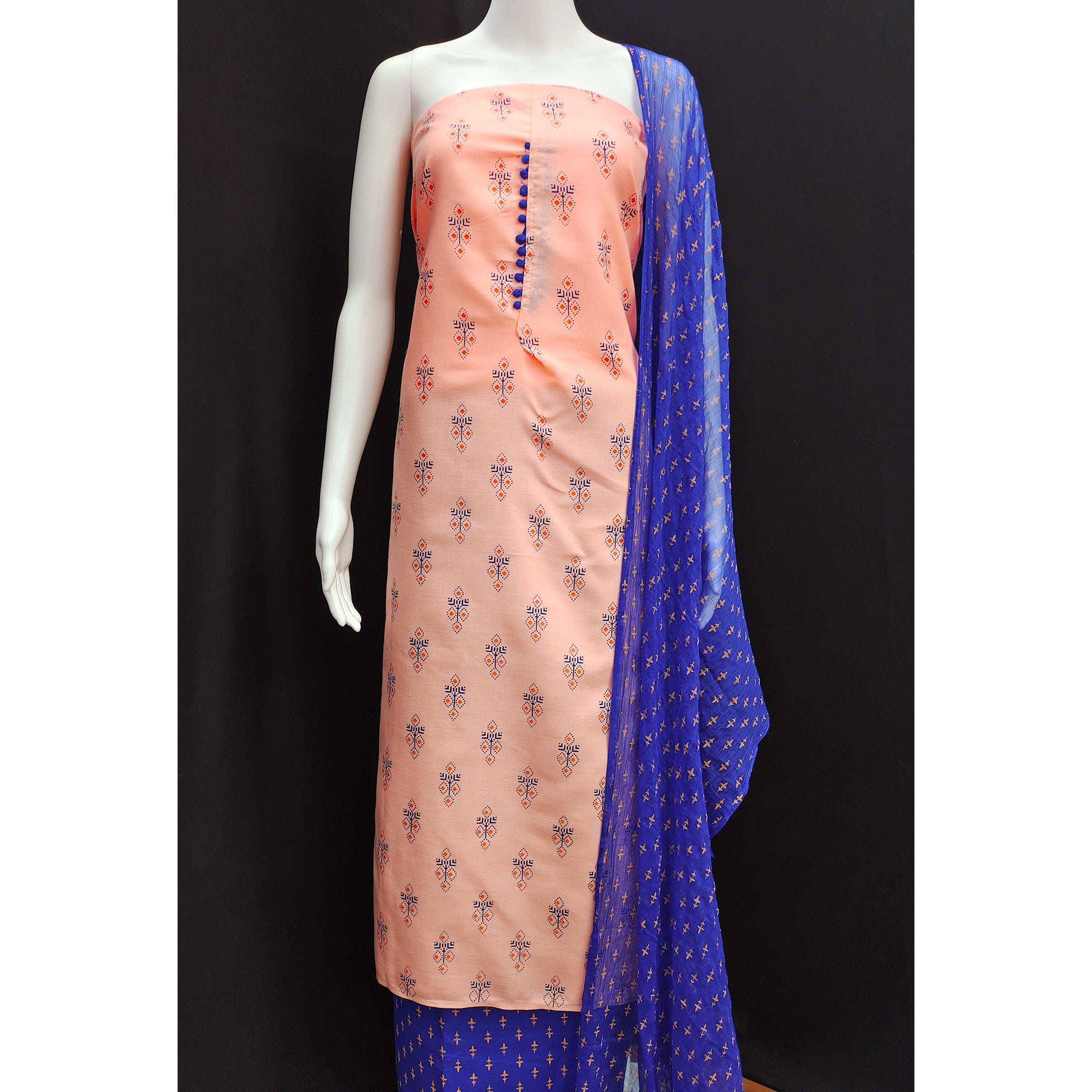 Peach Floral Printed Cotton Blend Dress Material