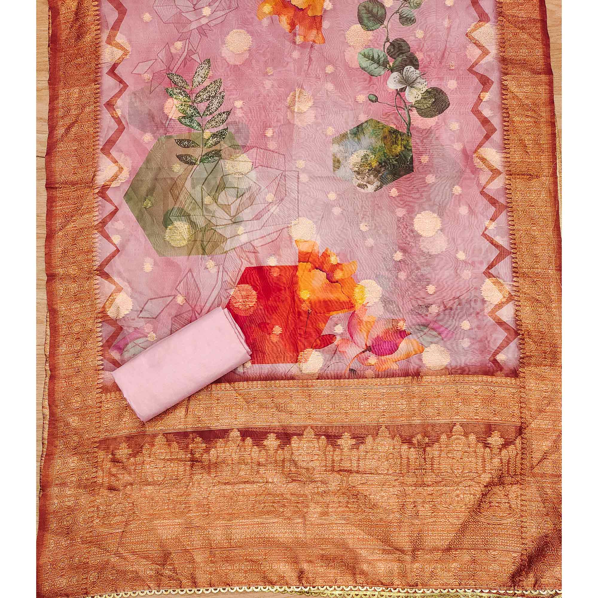 Light Pink Woven Work Organza Dress Material