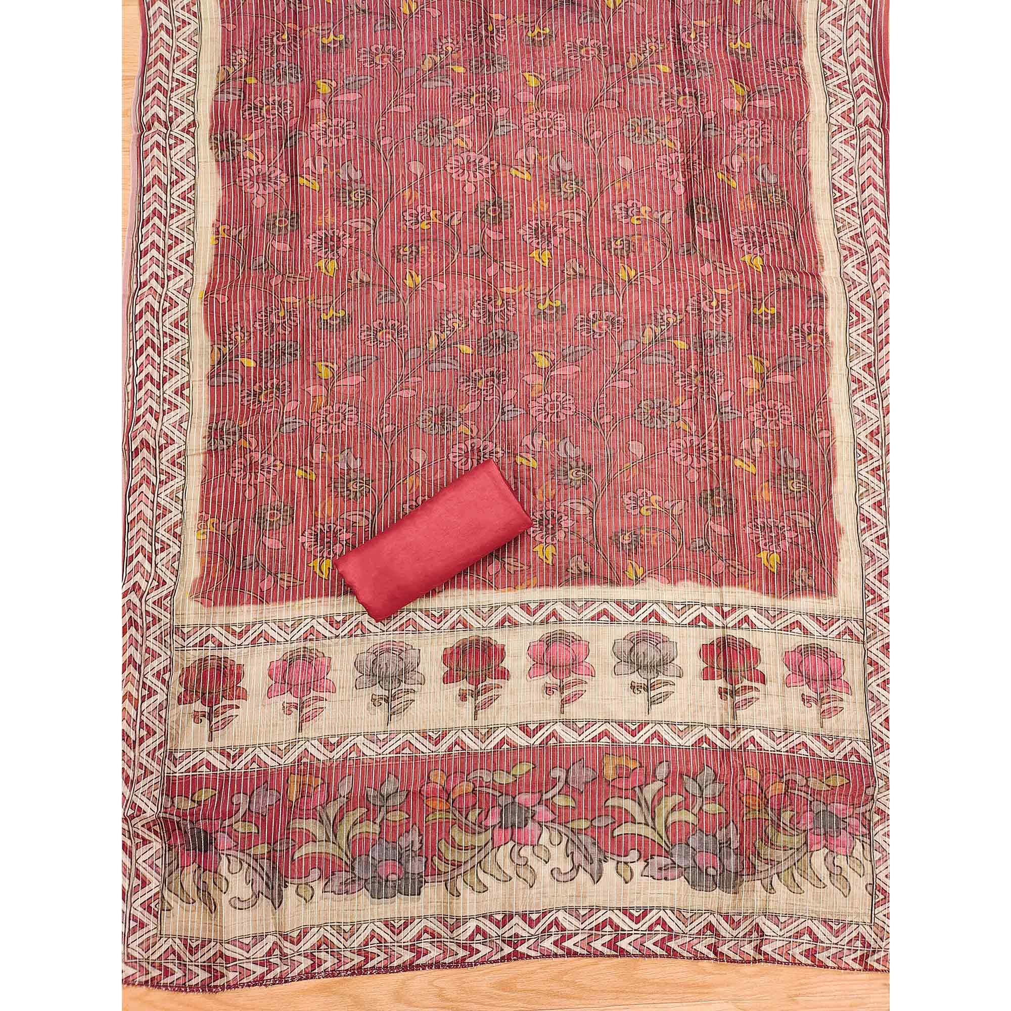 Gajari Pink  Floral Embroidered Chanderi Silk Dress Material