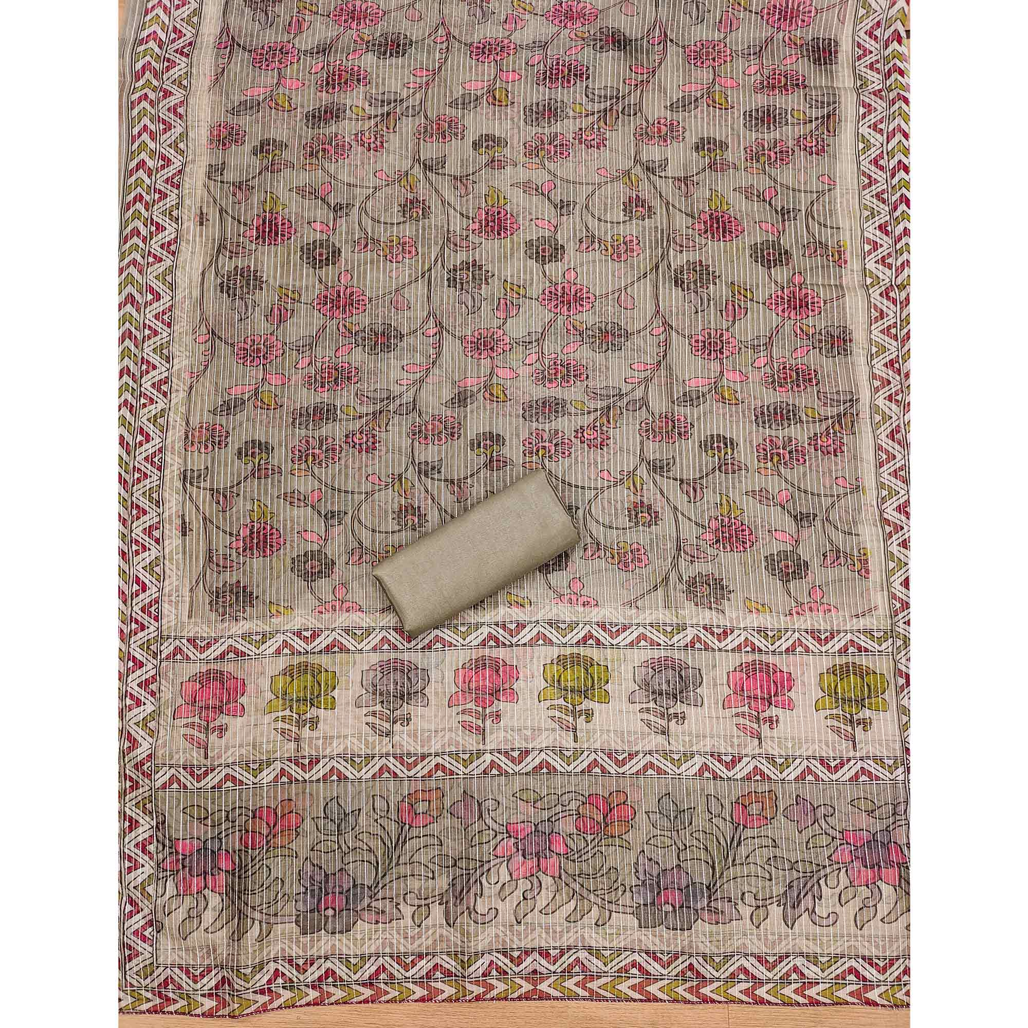 Grey Floral Embroidered Chanderi Silk Dress Material